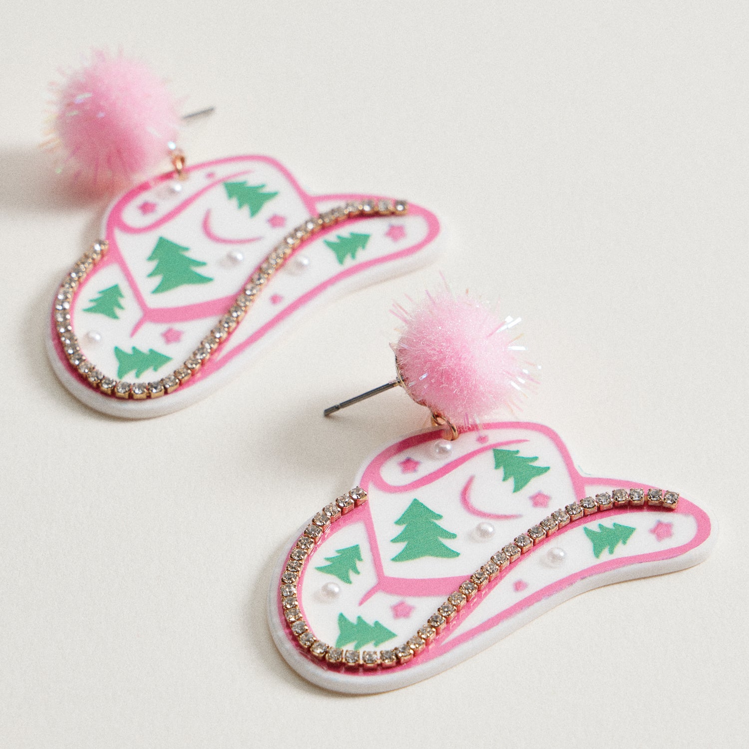 Christmas Pom Pom Cowboy Hat Holiday | Drop Earrings