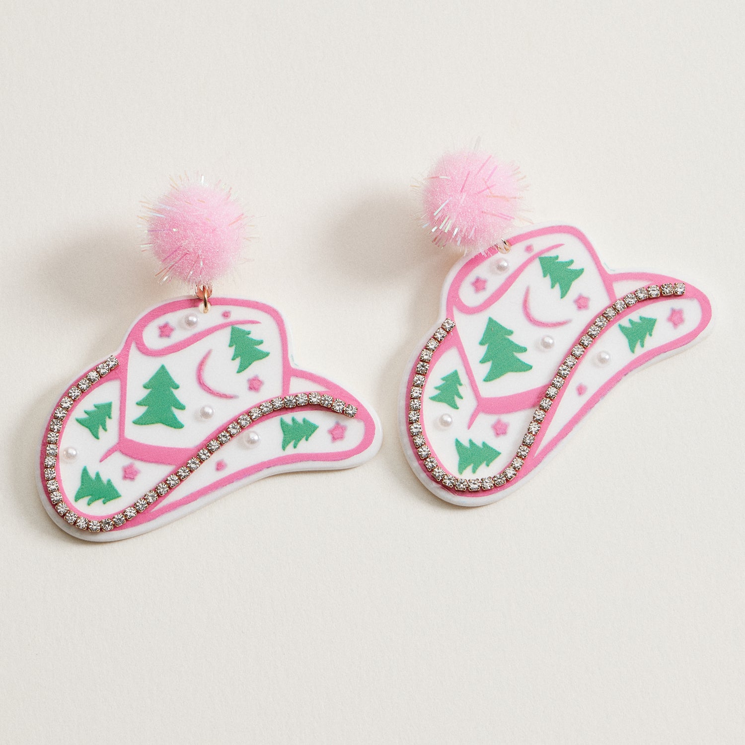 Christmas Pom Pom Cowboy Hat Holiday | Drop Earrings