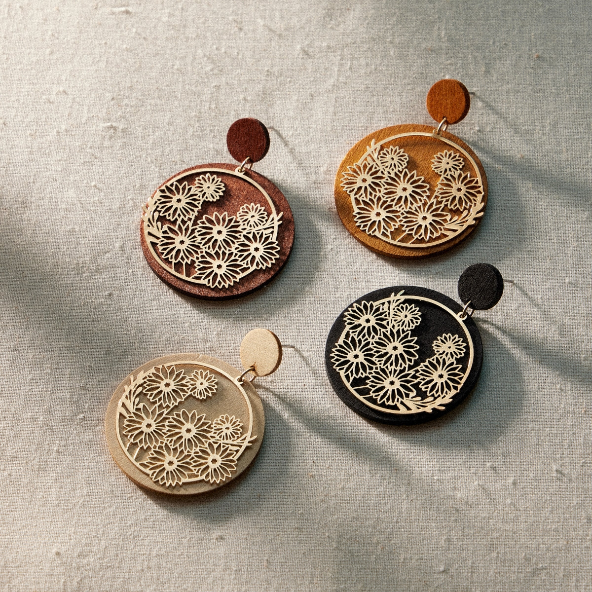 Golden Blossom Filigree Earrings with Wood and Metal Charms - Frem