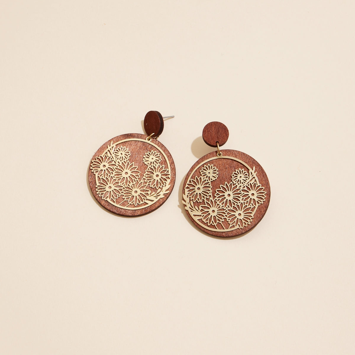 Golden Blossom Filigree Earrings with Wood and Metal Charms - Frem
