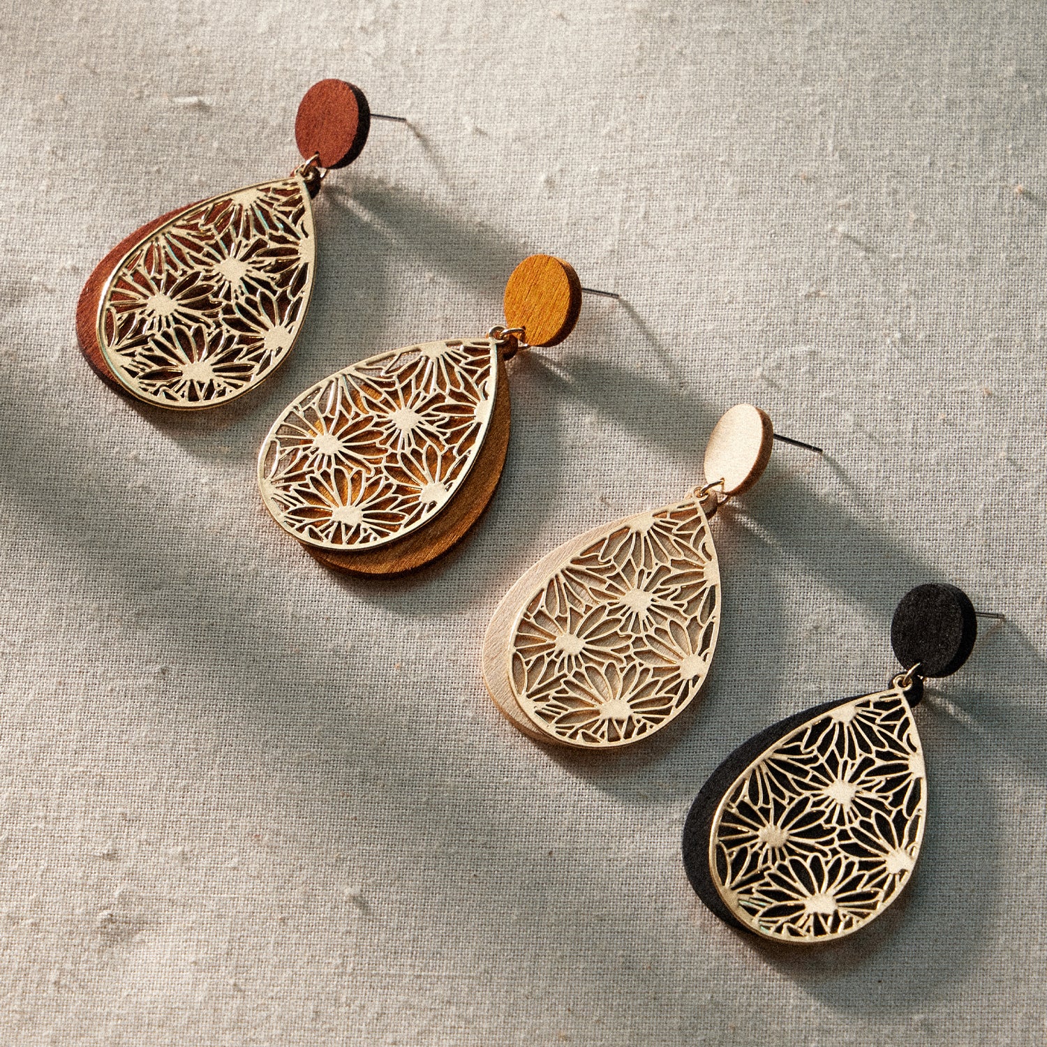 Teardrop Wood & Gold Filigree | Earrings with Floral Motif
