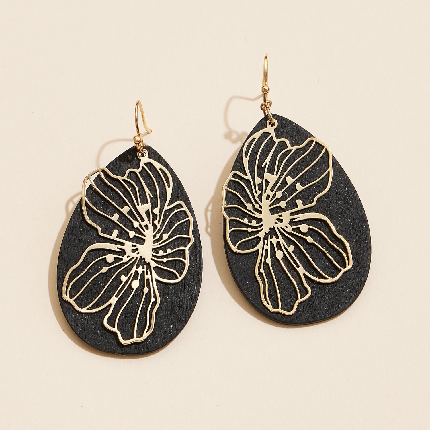 Elegant Wood and Metal Filigree Oval Dangling Earrings