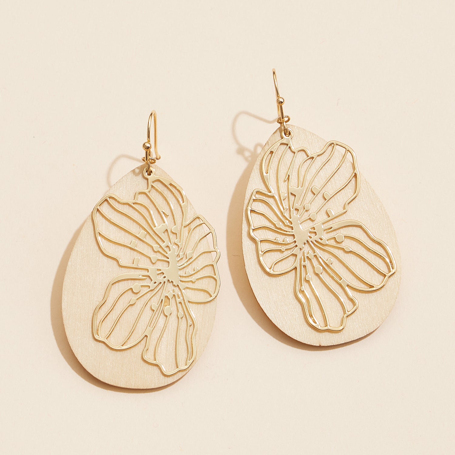 Elegant Wood and Metal Filigree Oval Dangling Earrings