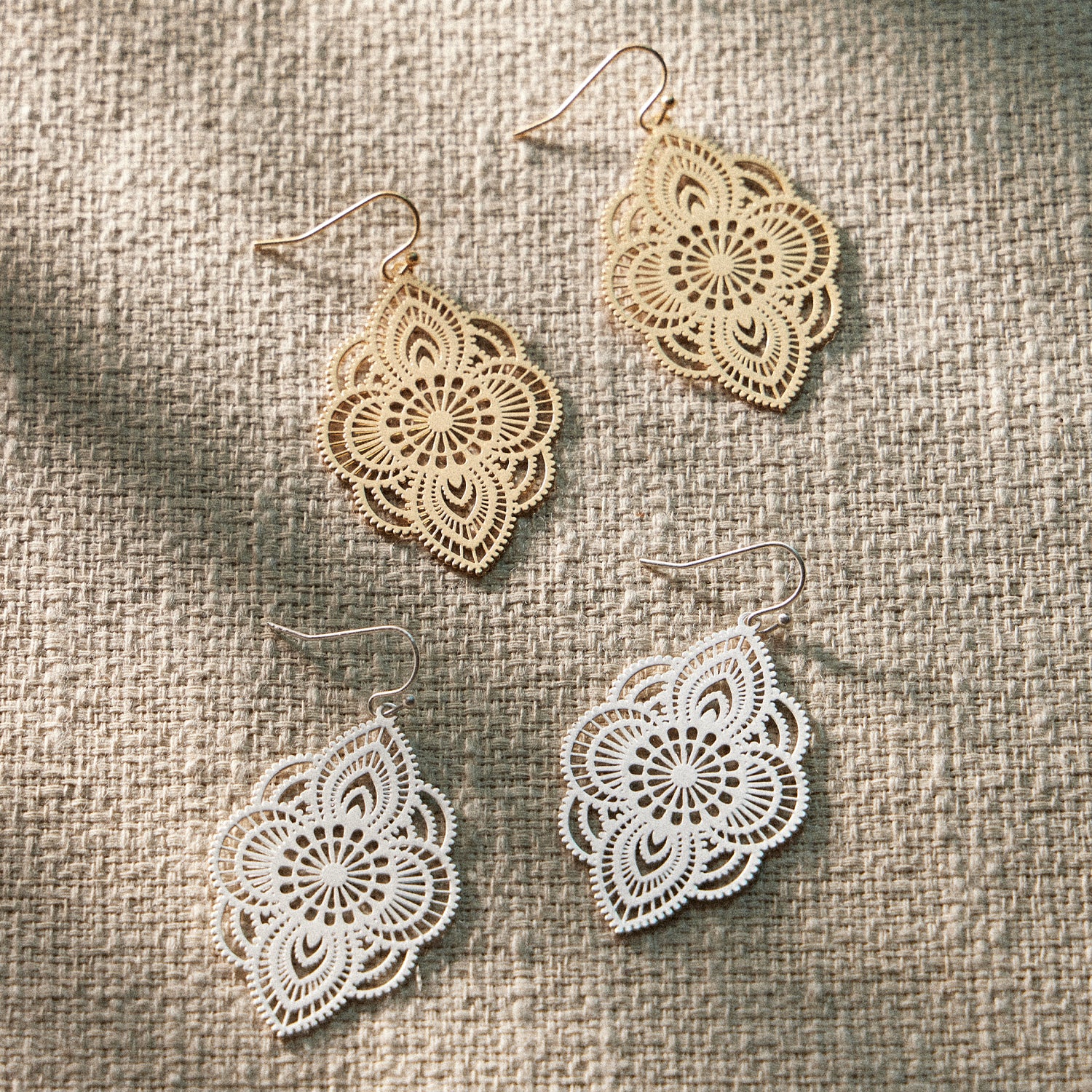 Moroccan-Inspired Filigree Earrings – Gold and Silver Hammered Design - Frem