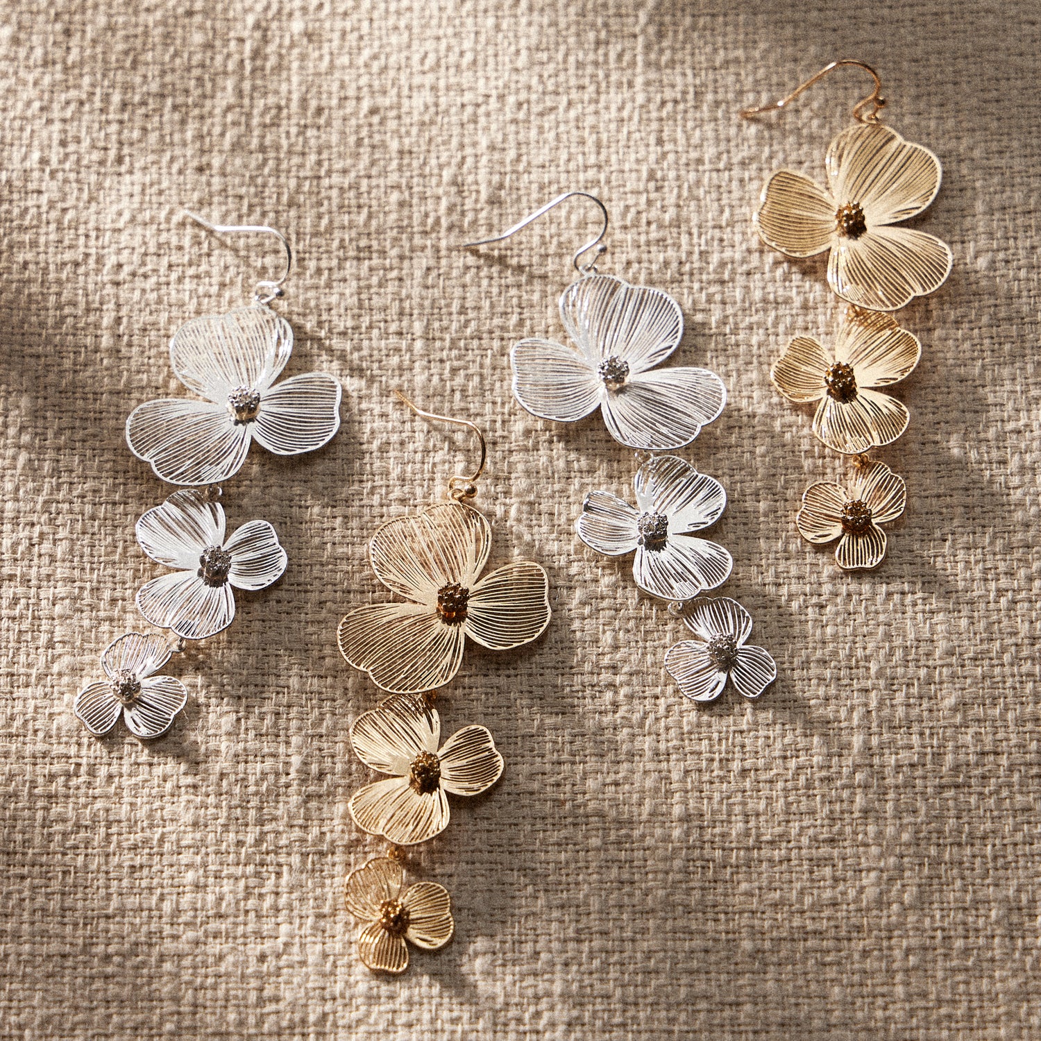 Graceful Floral Drop Earrings – Elegant Gold and Silver Flower Design