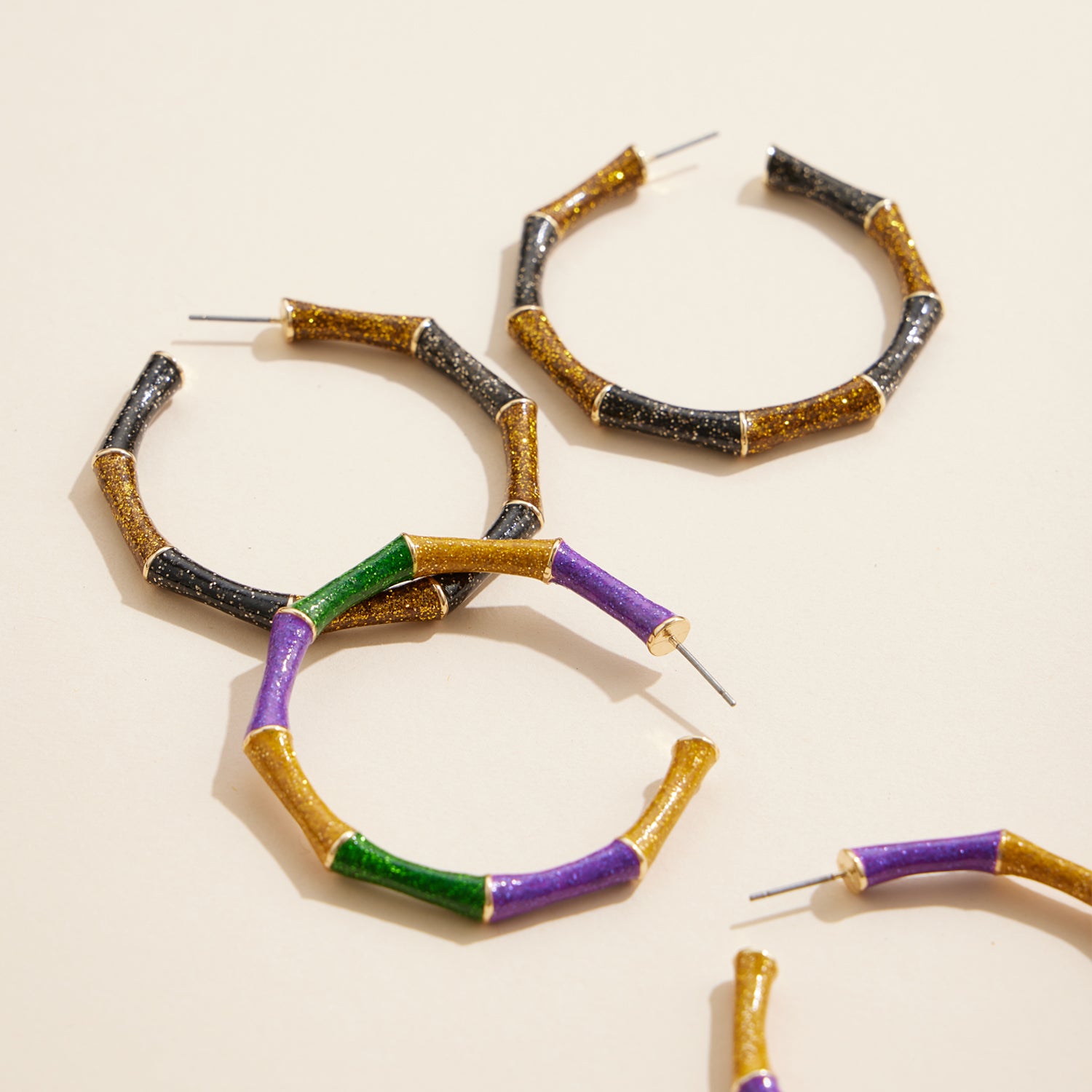 Bamboo-Inspired Mardi Gras Glitter Hoop Earrings