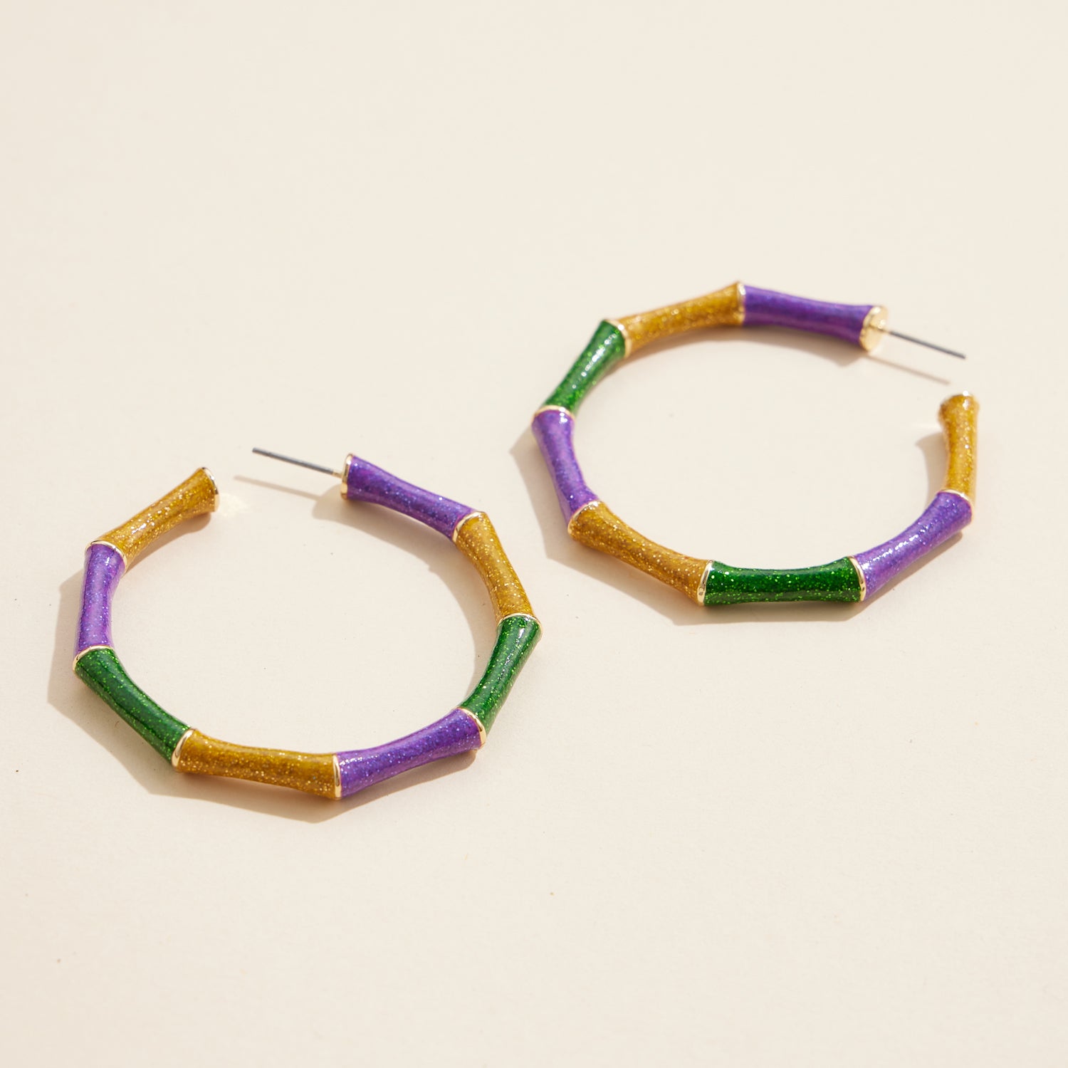 Bamboo-Inspired Mardi Gras Glitter Hoop Earrings