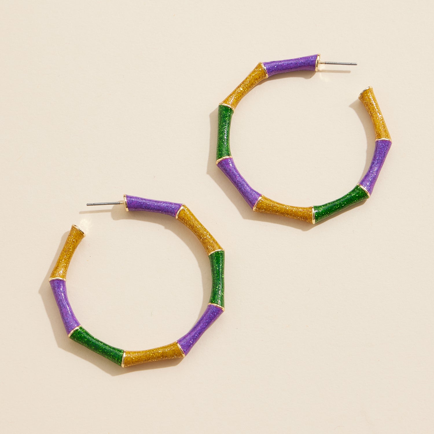 Bamboo-Inspired Mardi Gras Glitter Hoop Earrings