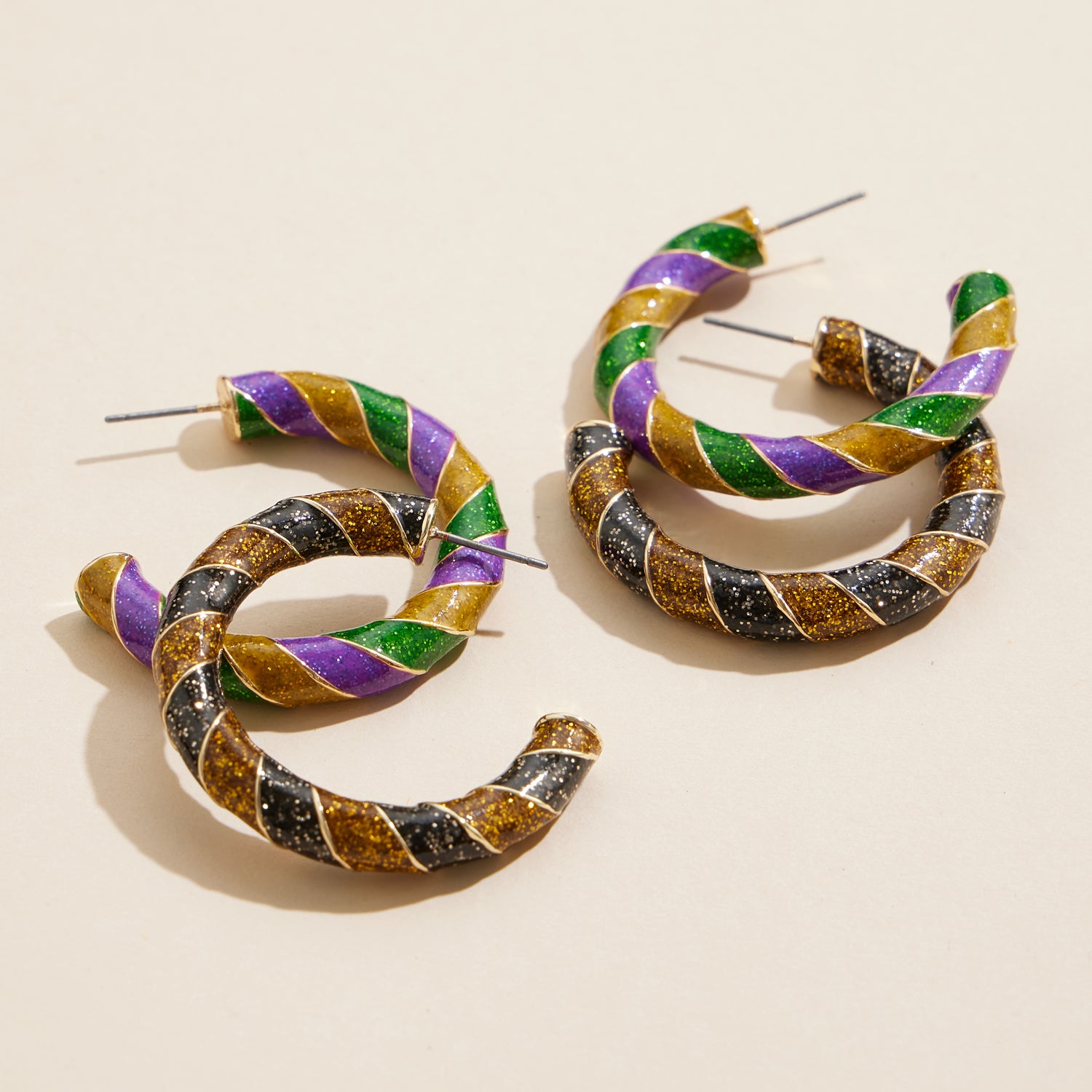 Elegant Large Mardi Gras Glitter Swirl Hoop Earrings