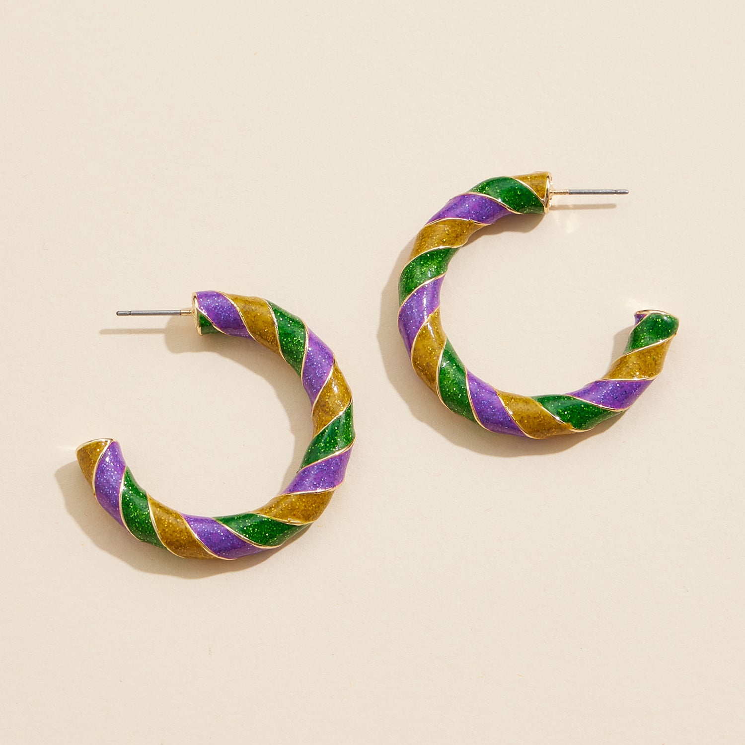 Large Mardi Gras Glitter Swirl Hoop Earrings
