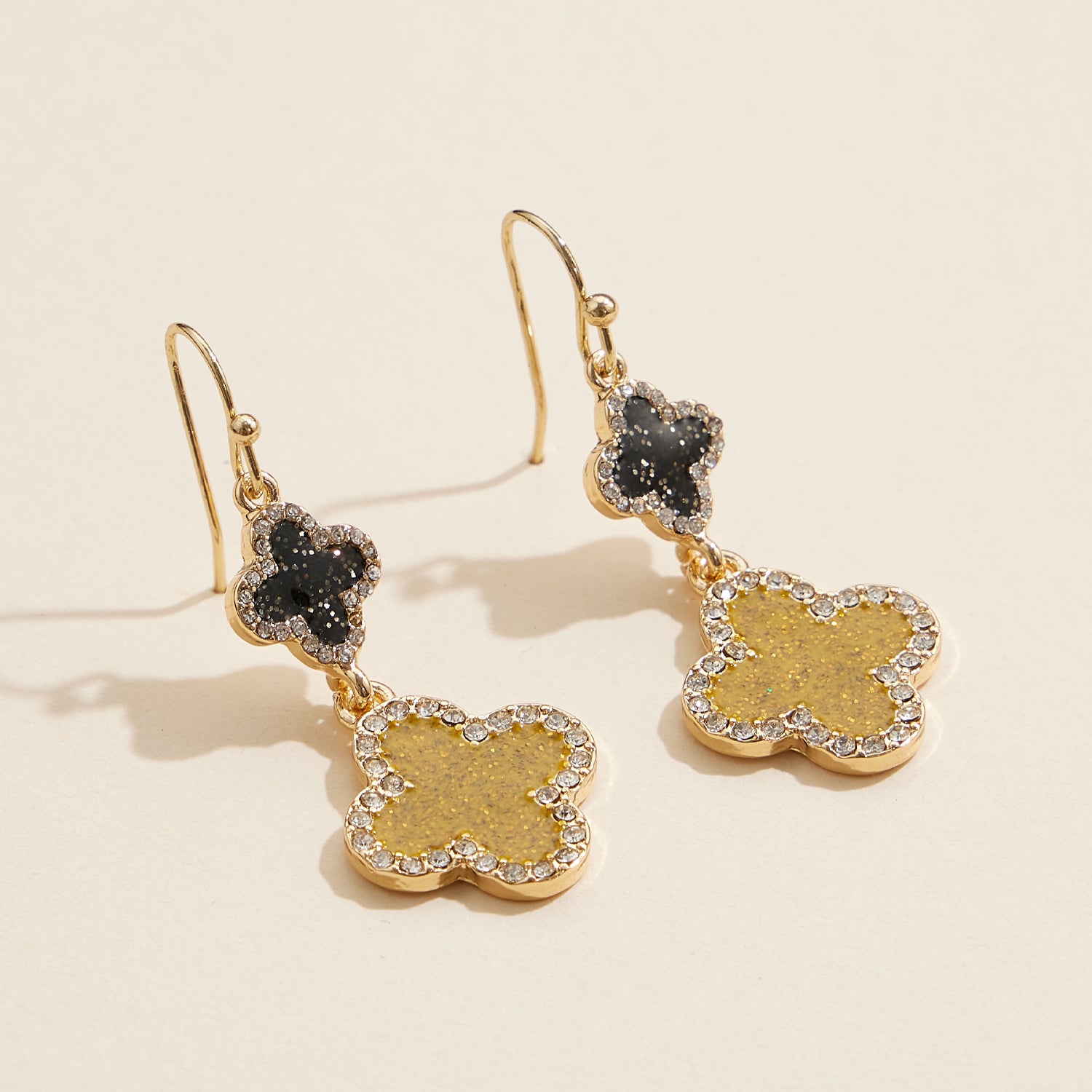 Gold & Black Rhinestone Clover Dangle Earrings – Mardi Gras