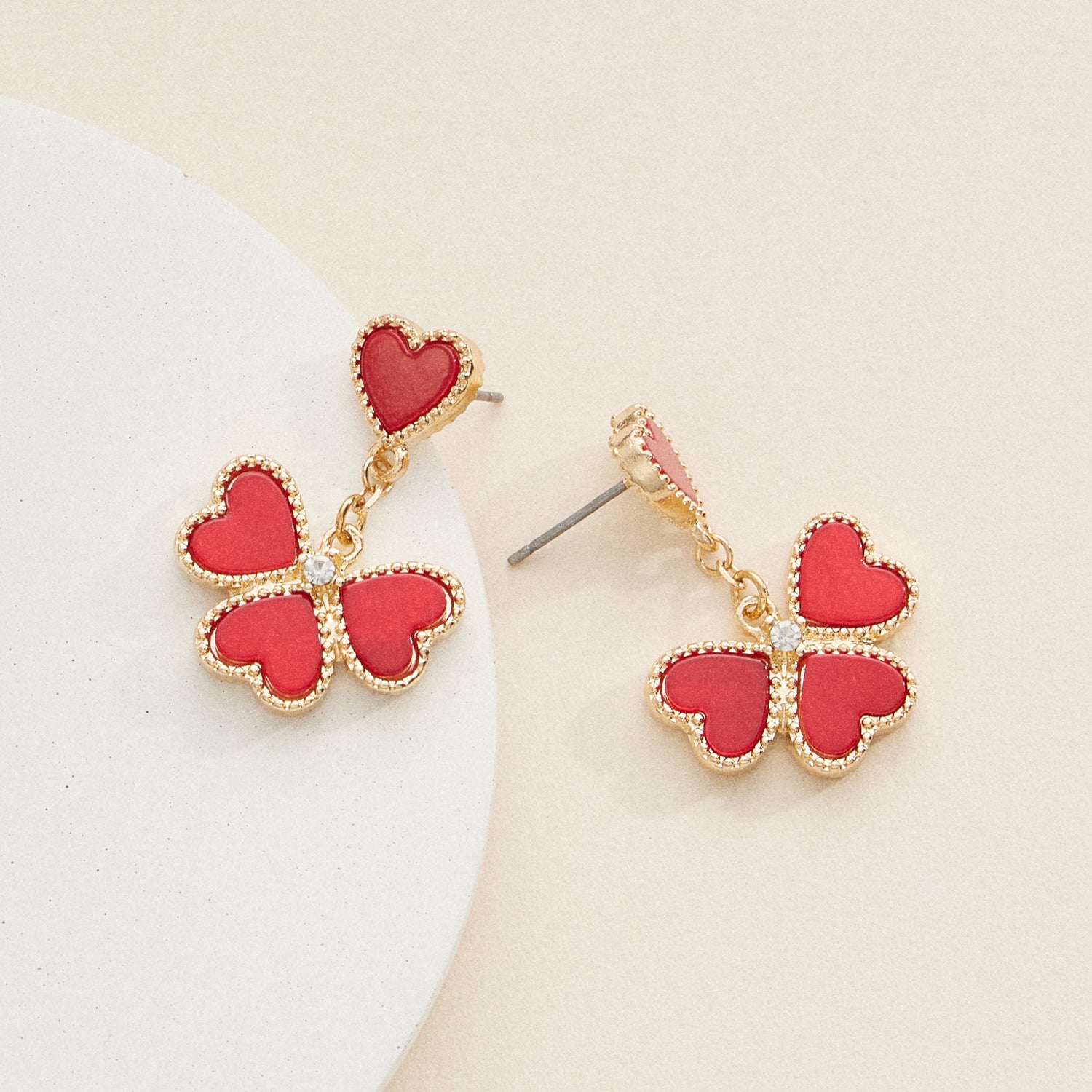 Gold and Enamel Heart-Shaped Drop Earrings