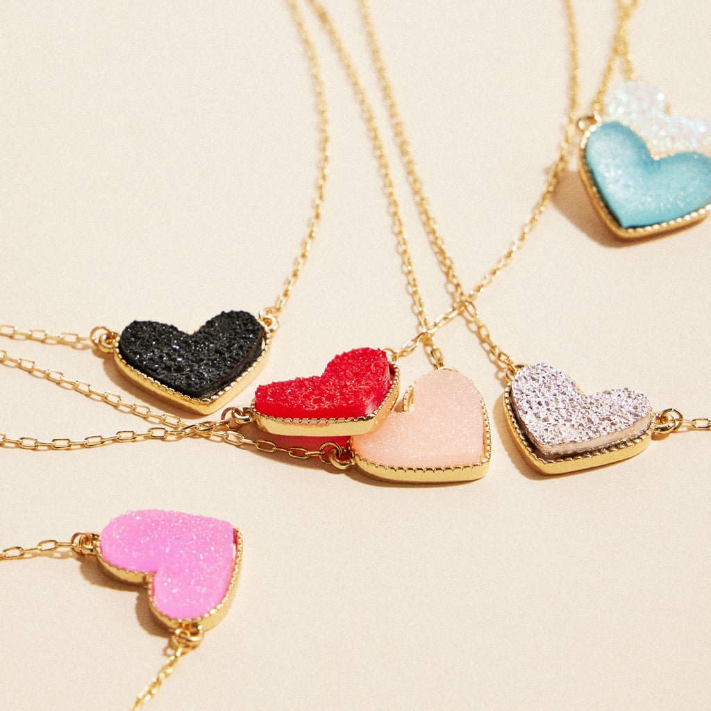Short Necklace with Heart-Shaped Druzy Stone Charm