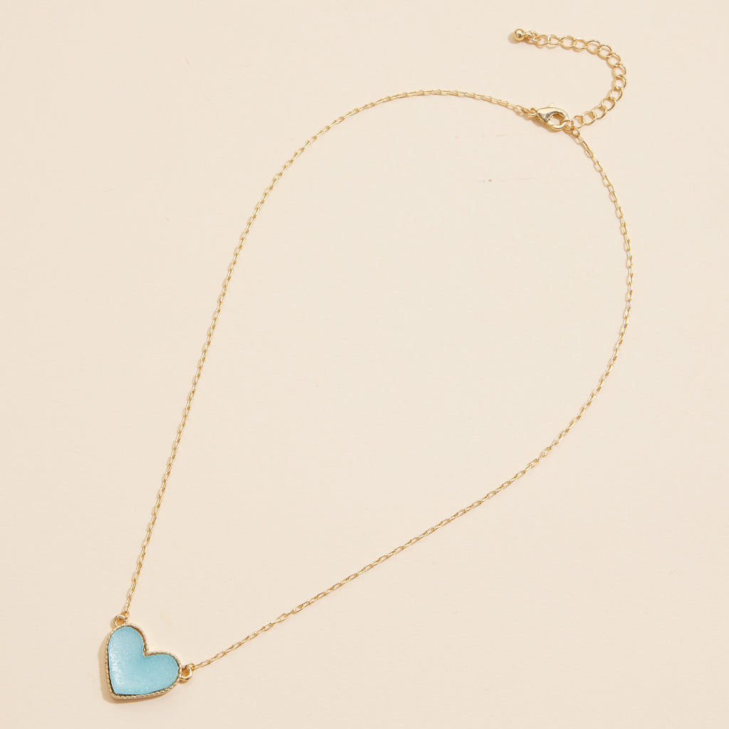 Short Necklace with Heart-Shaped Druzy Stone Charm
