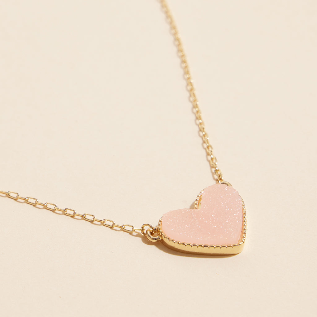 Short Necklace with Heart-Shaped Druzy Stone Charm