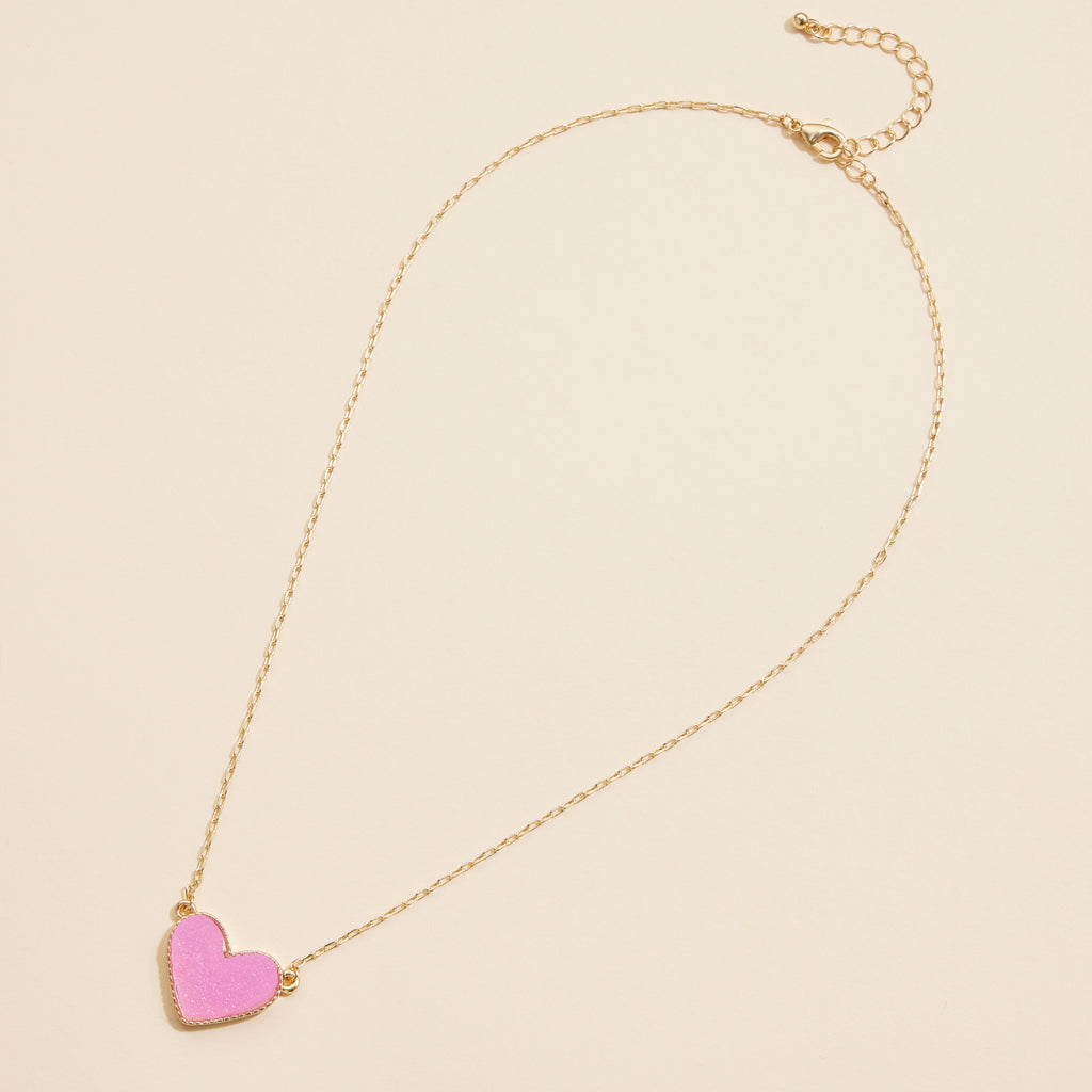 Short Necklace with Heart-Shaped Druzy Stone Charm