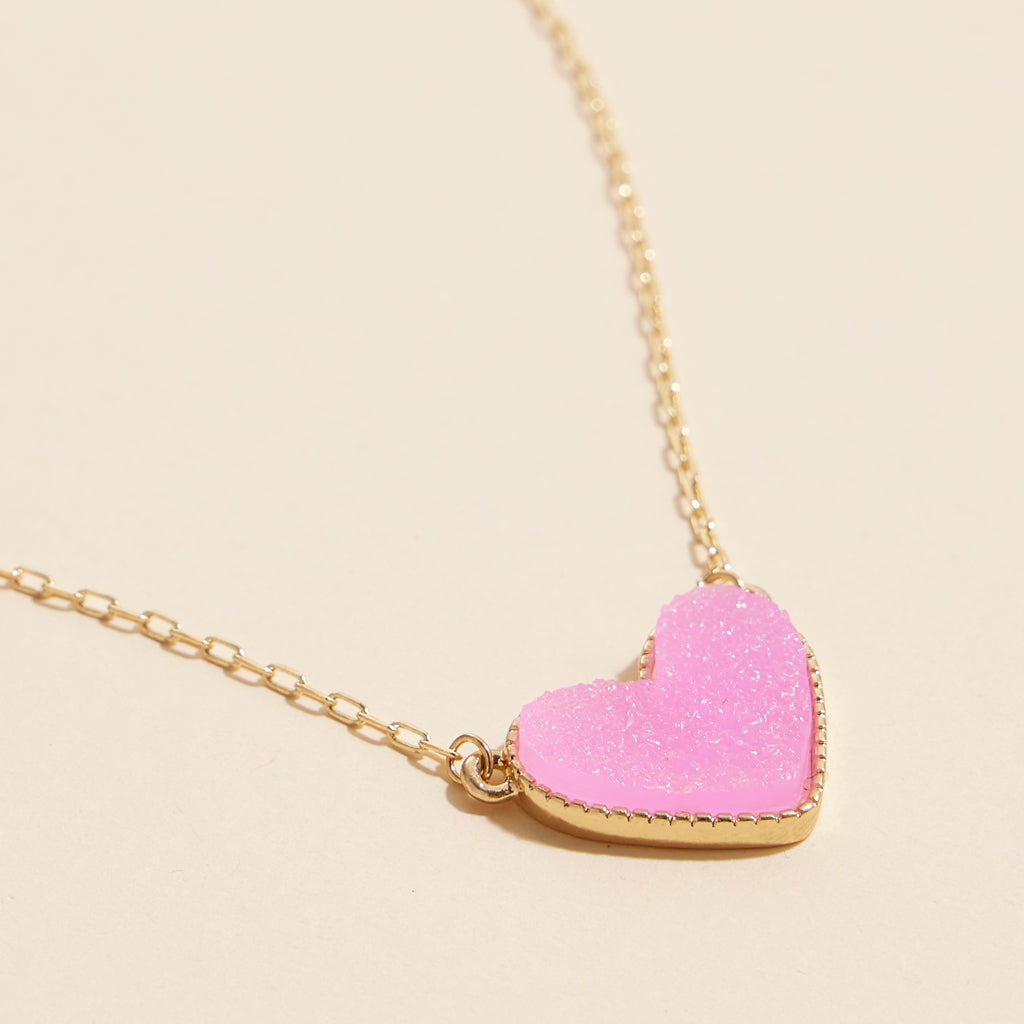 Short Necklace with Heart-Shaped Druzy Stone Charm