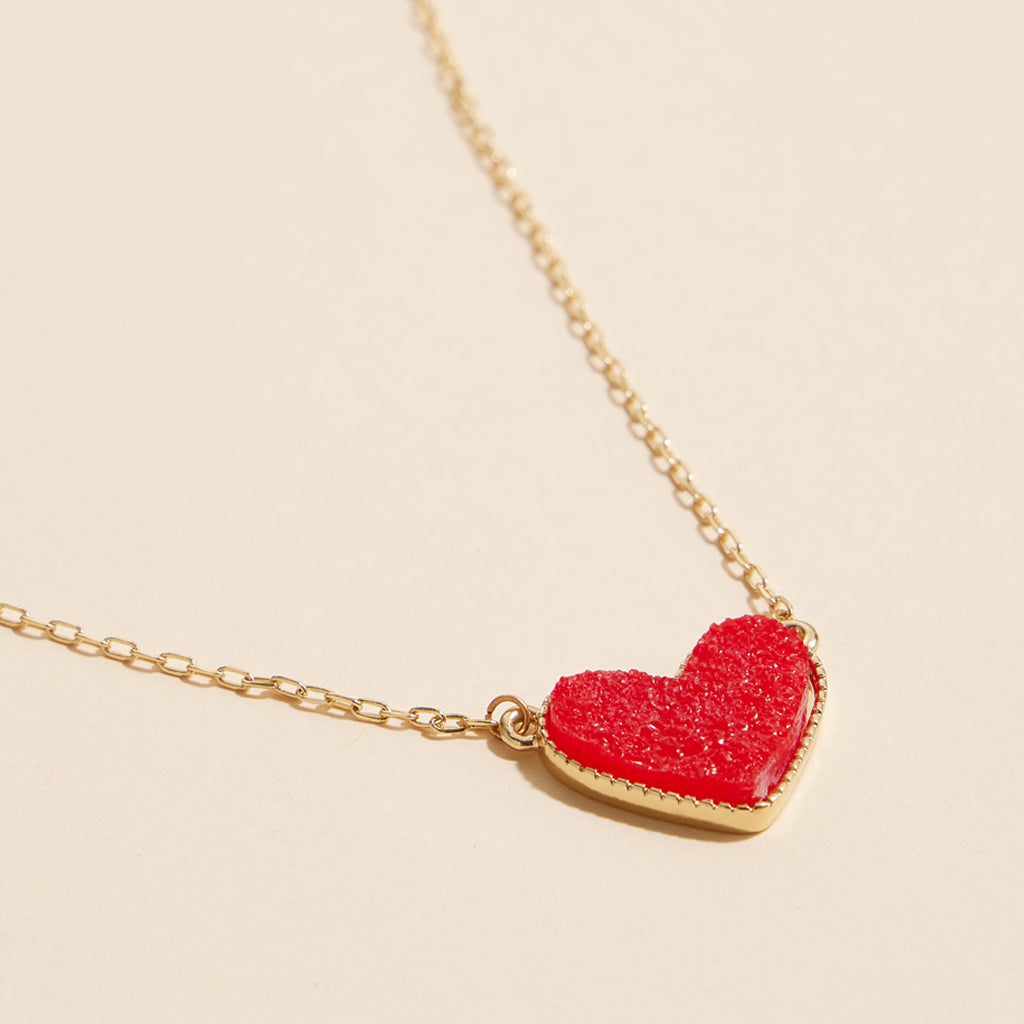 Short Necklace with Heart-Shaped Druzy Stone Charm