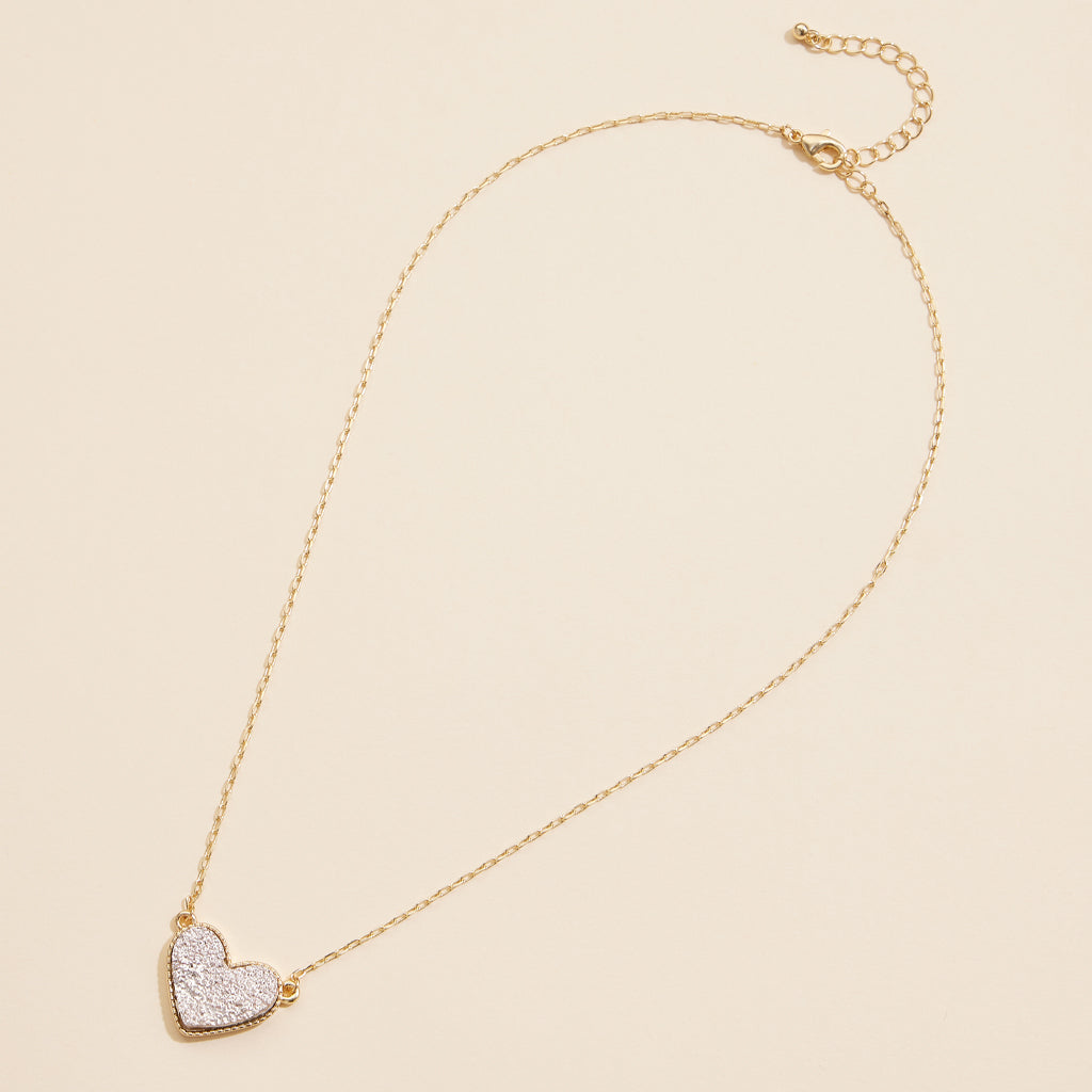 Short Necklace with Heart-Shaped Druzy Stone Charm
