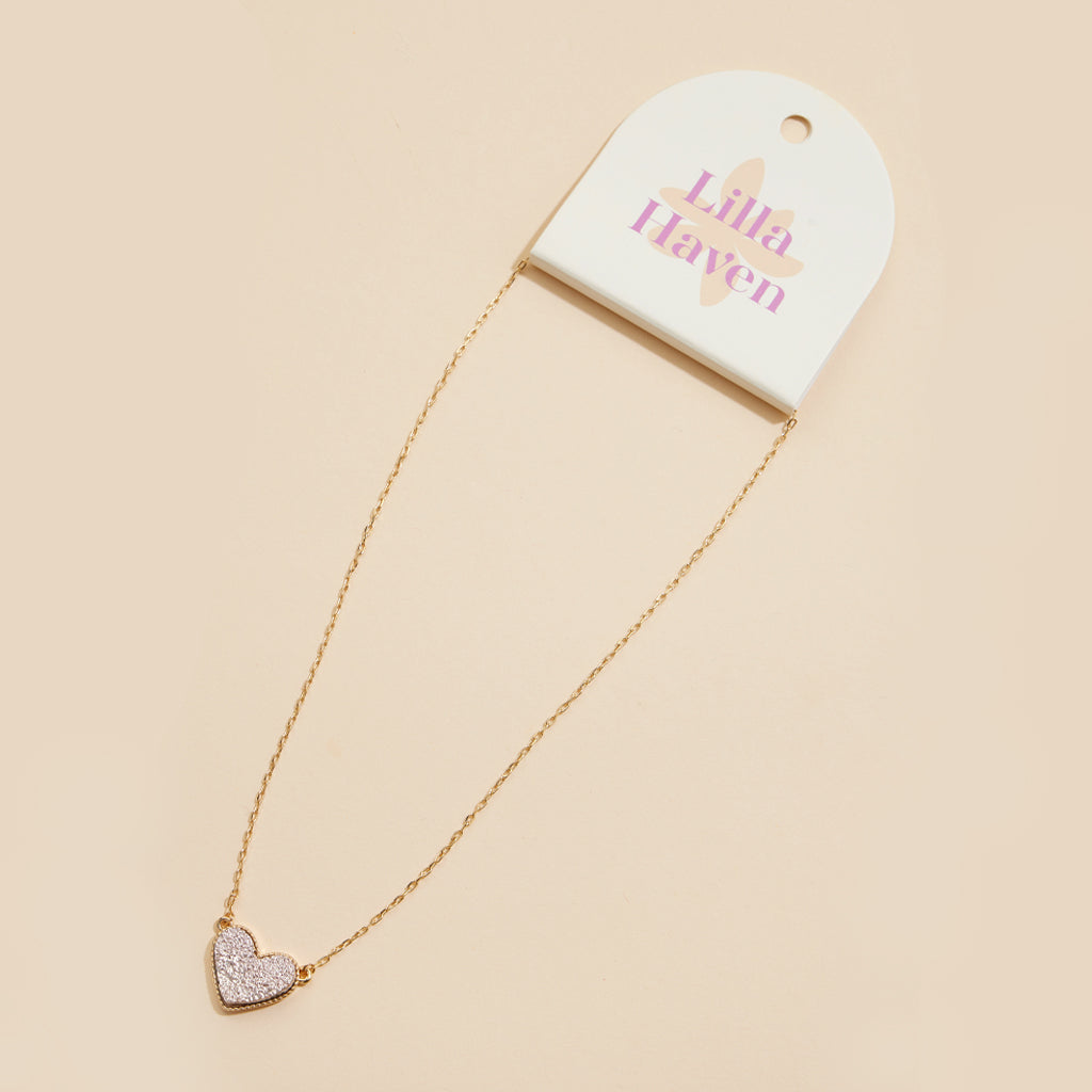 Short Necklace with Heart-Shaped Druzy Stone Charm