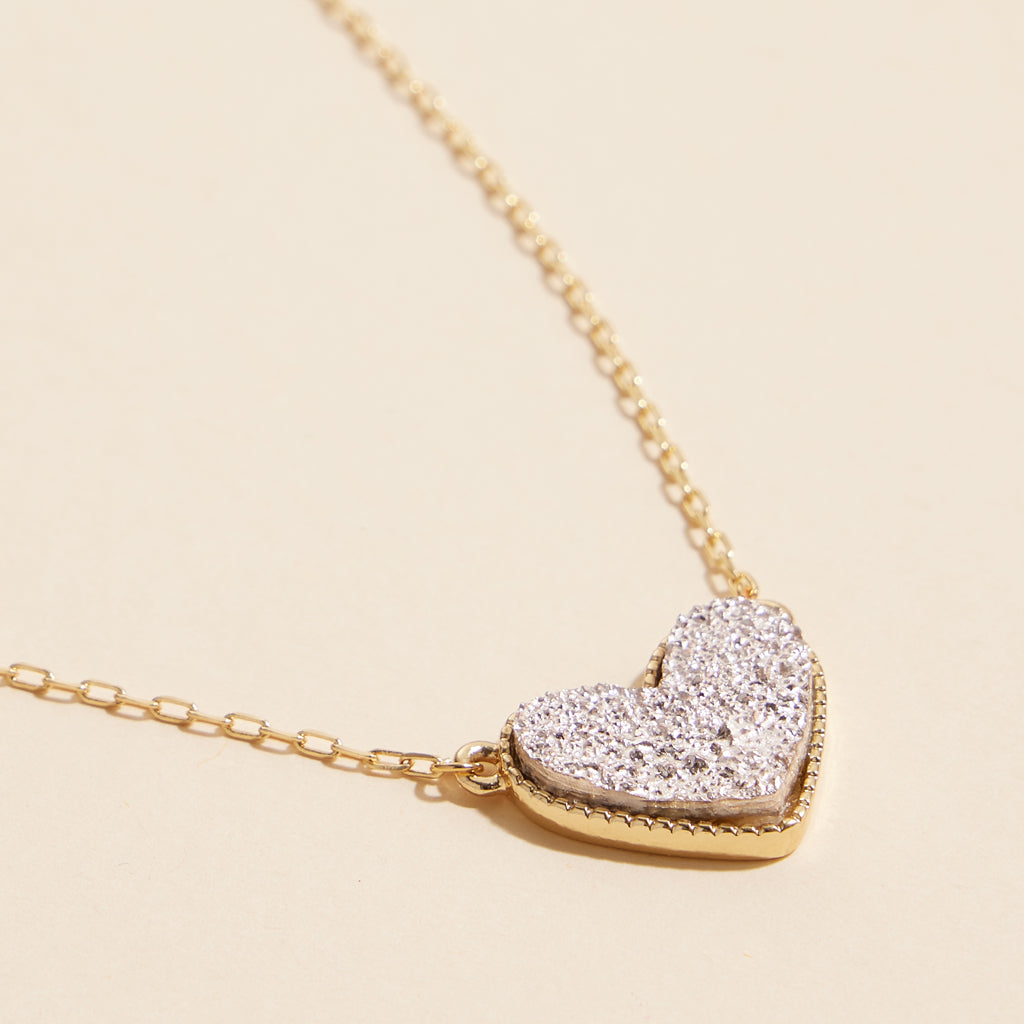 Short Necklace with Heart-Shaped Druzy Stone Charm