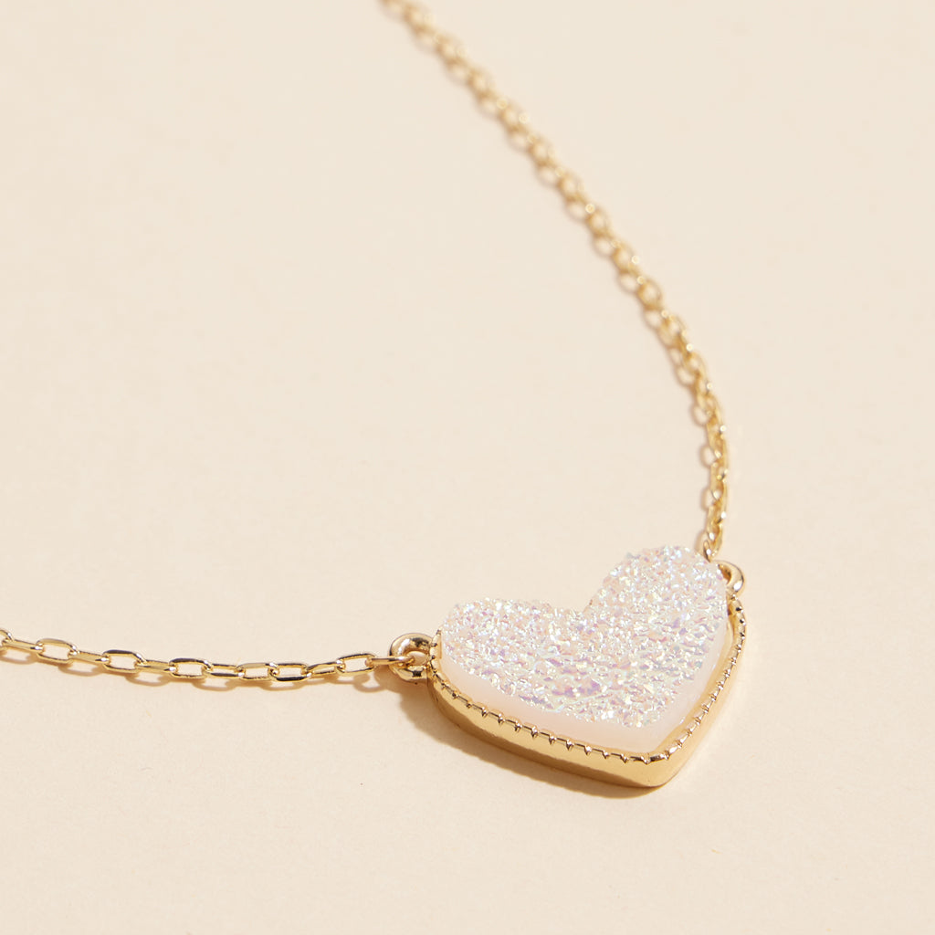 Short Necklace with Heart-Shaped Druzy Stone Charm