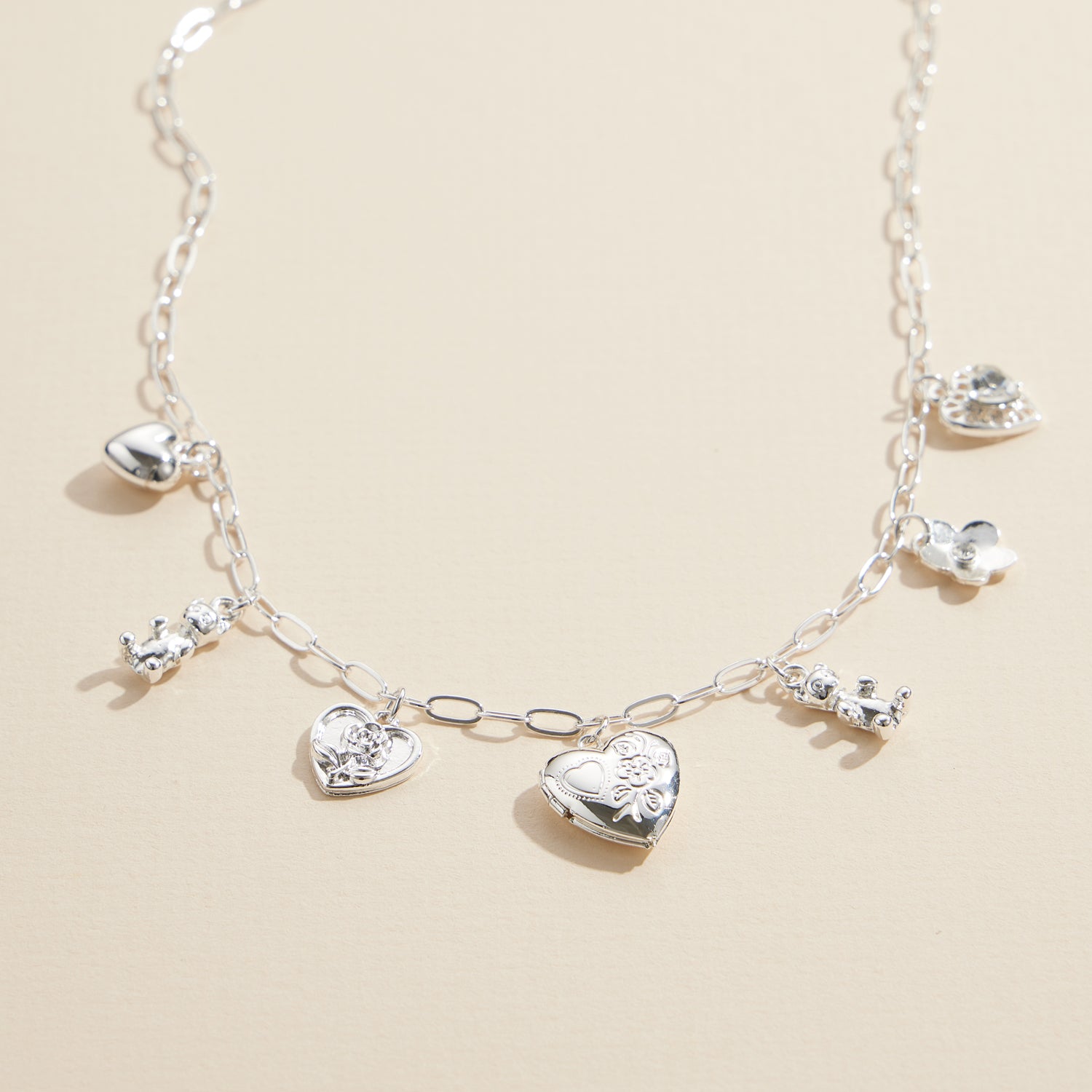 Adjustable Charm Necklace with Teddy Bear and Floral Pendants