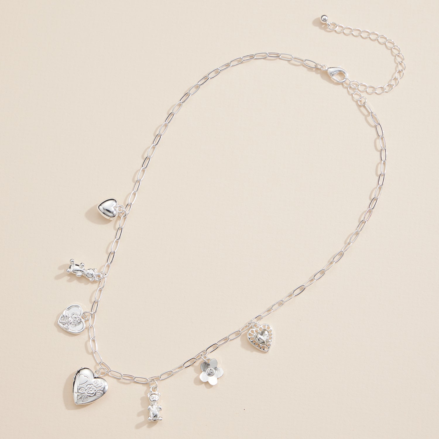 Adjustable Charm Necklace with Teddy Bear and Floral Pendants