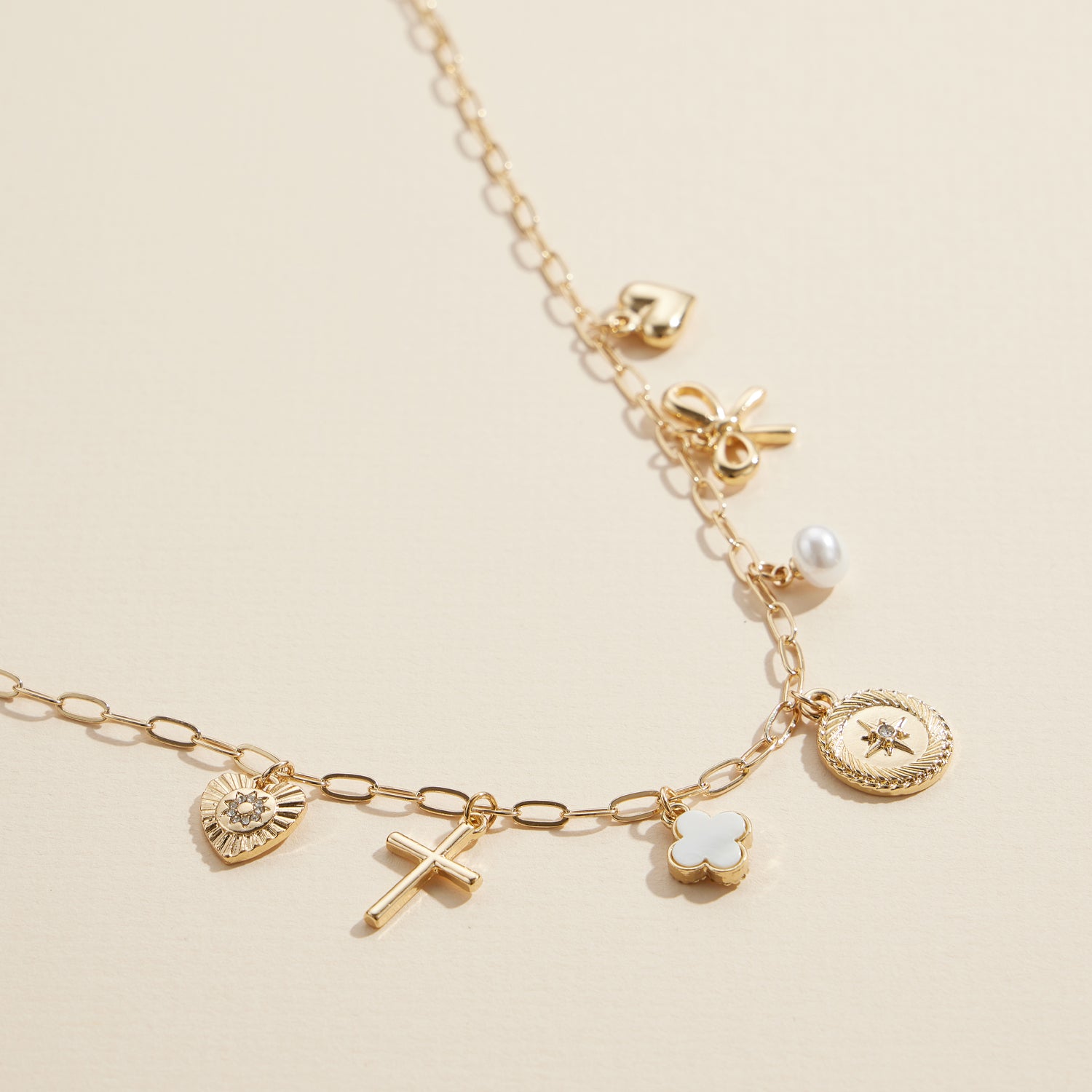 Charm Necklace with Heart, Cross, Compass, Pearl & Bow Pendants