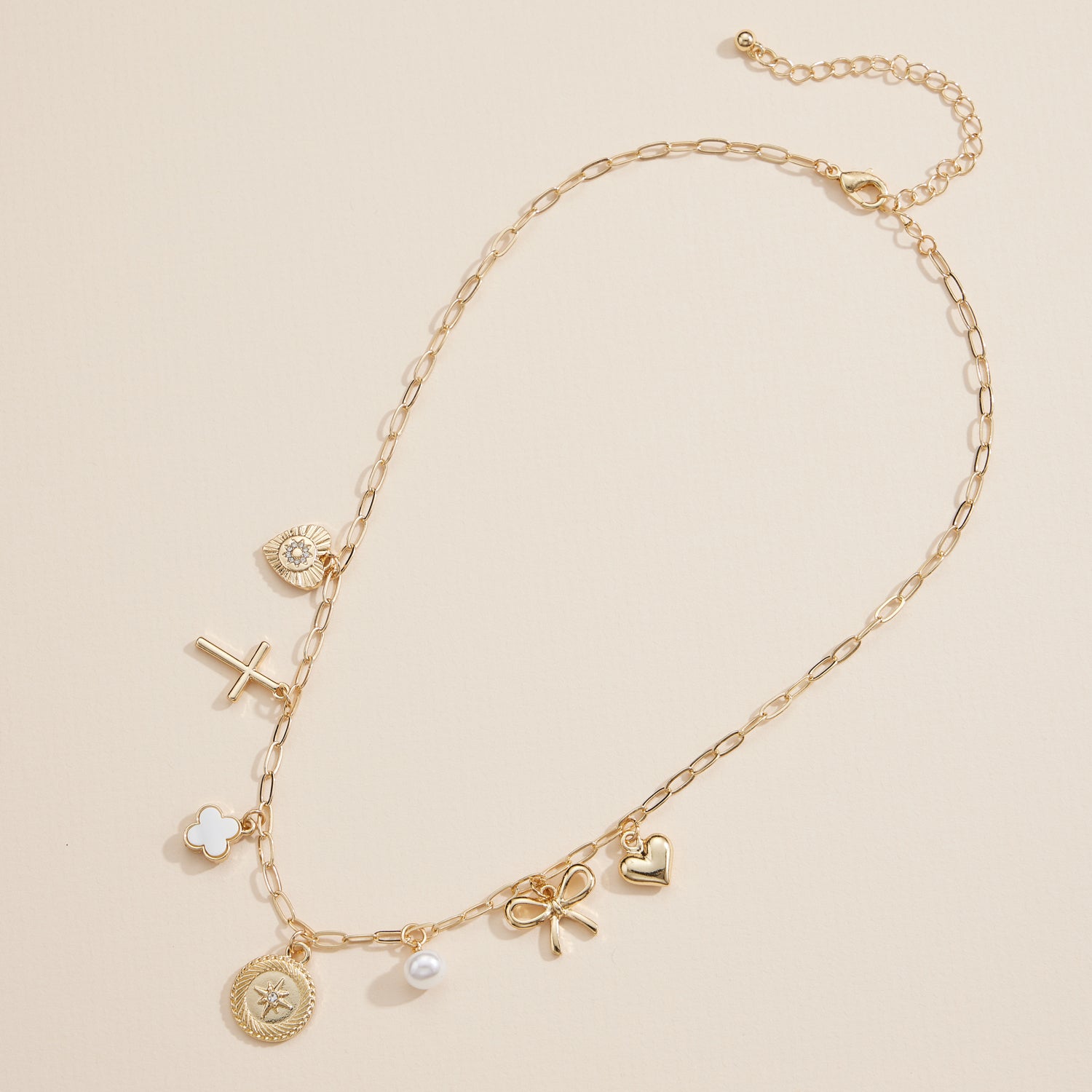 Charm Necklace with Heart, Cross, Compass, Pearl & Bow Pendants