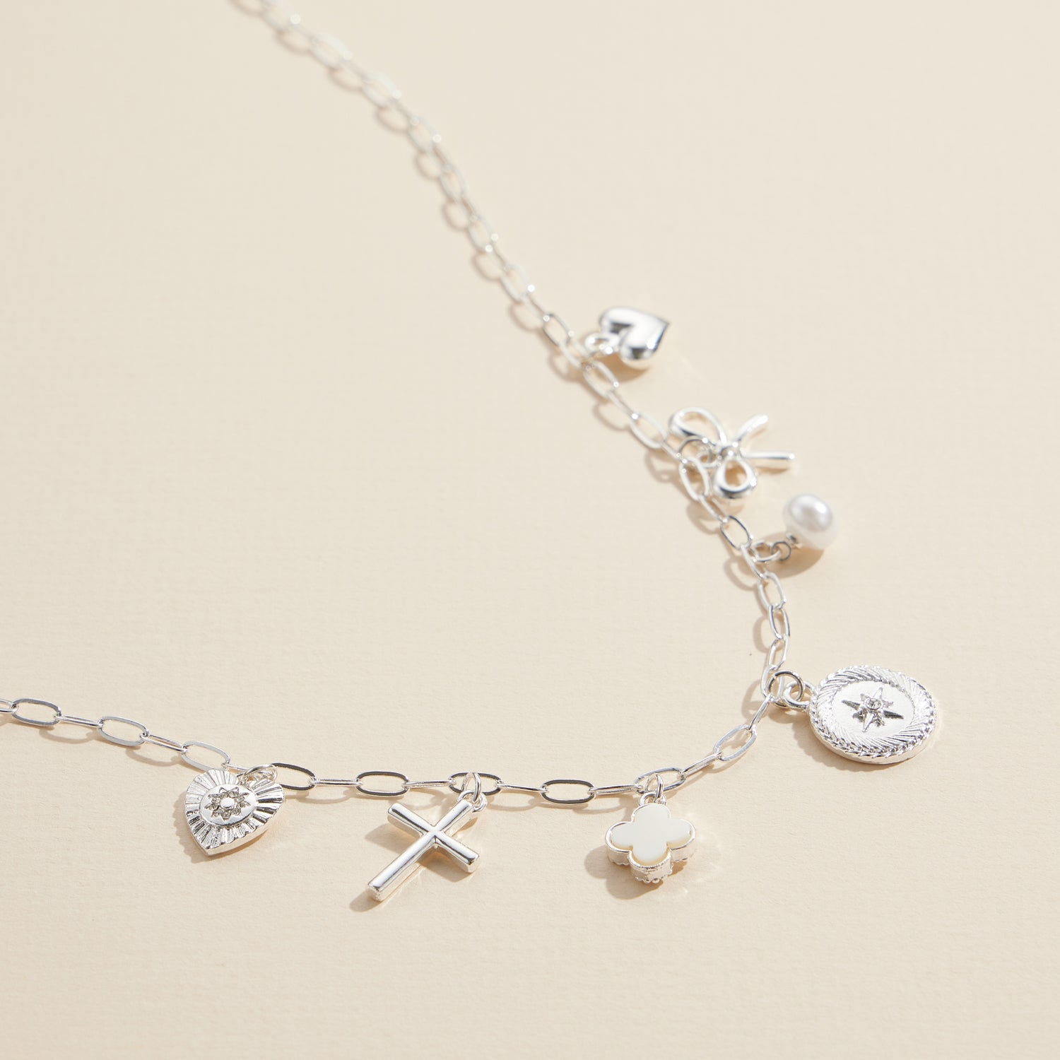 Charm Necklace with Heart, Cross, Compass, Pearl & Bow Pendants