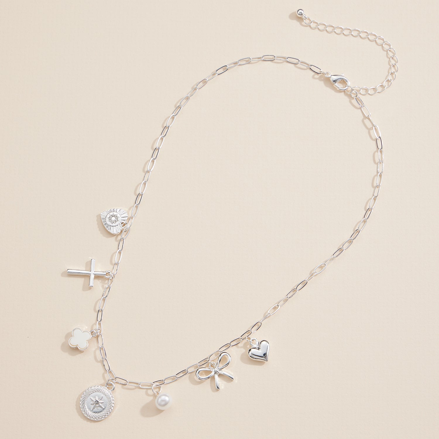 Charm Necklace with Heart, Cross, Compass, Pearl & Bow Pendants