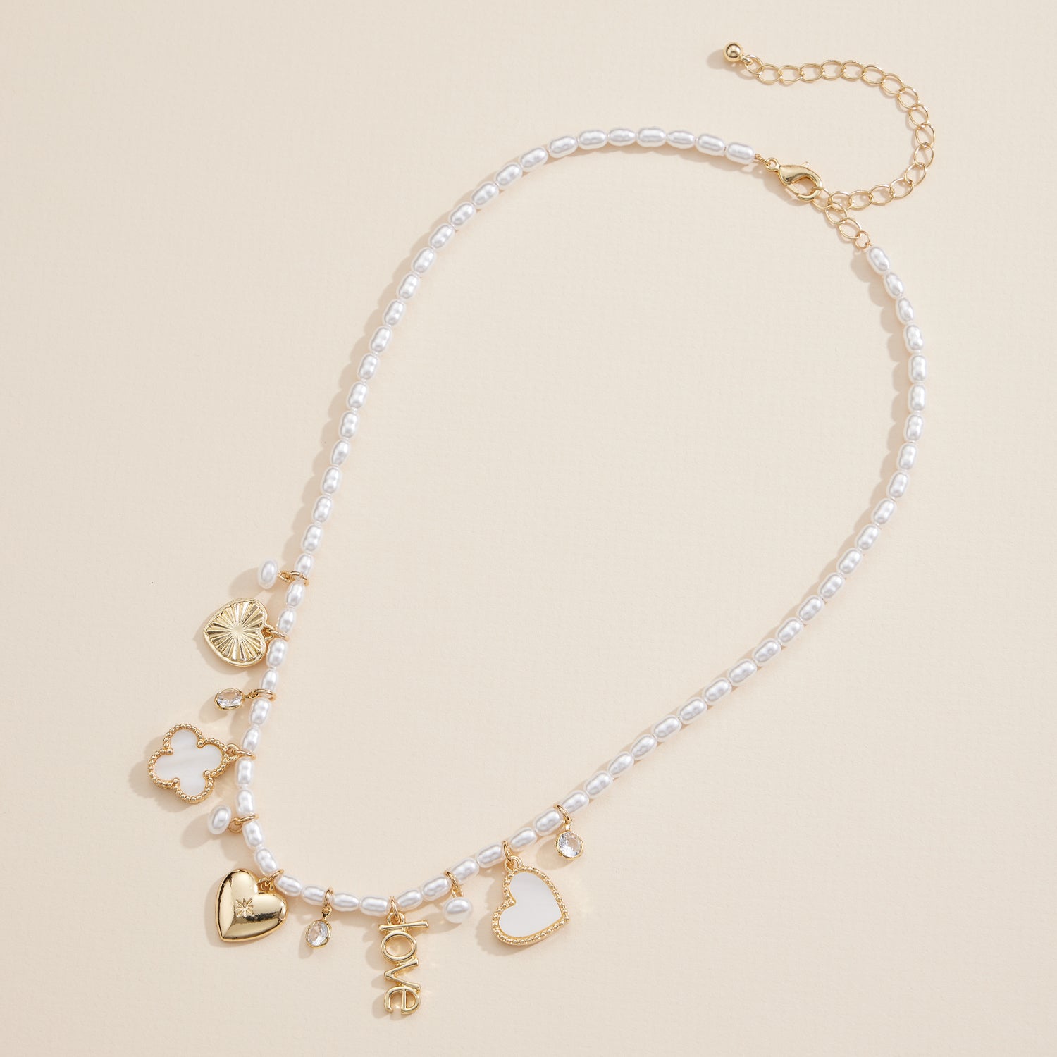 Pearl Charm Necklace with Gold and Silver Accents – Love & Heart Pendant