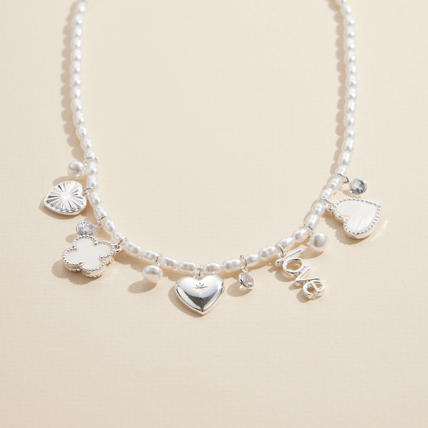 Pearl Charm Necklace with Gold and Silver Accents – Love & Heart Pendant