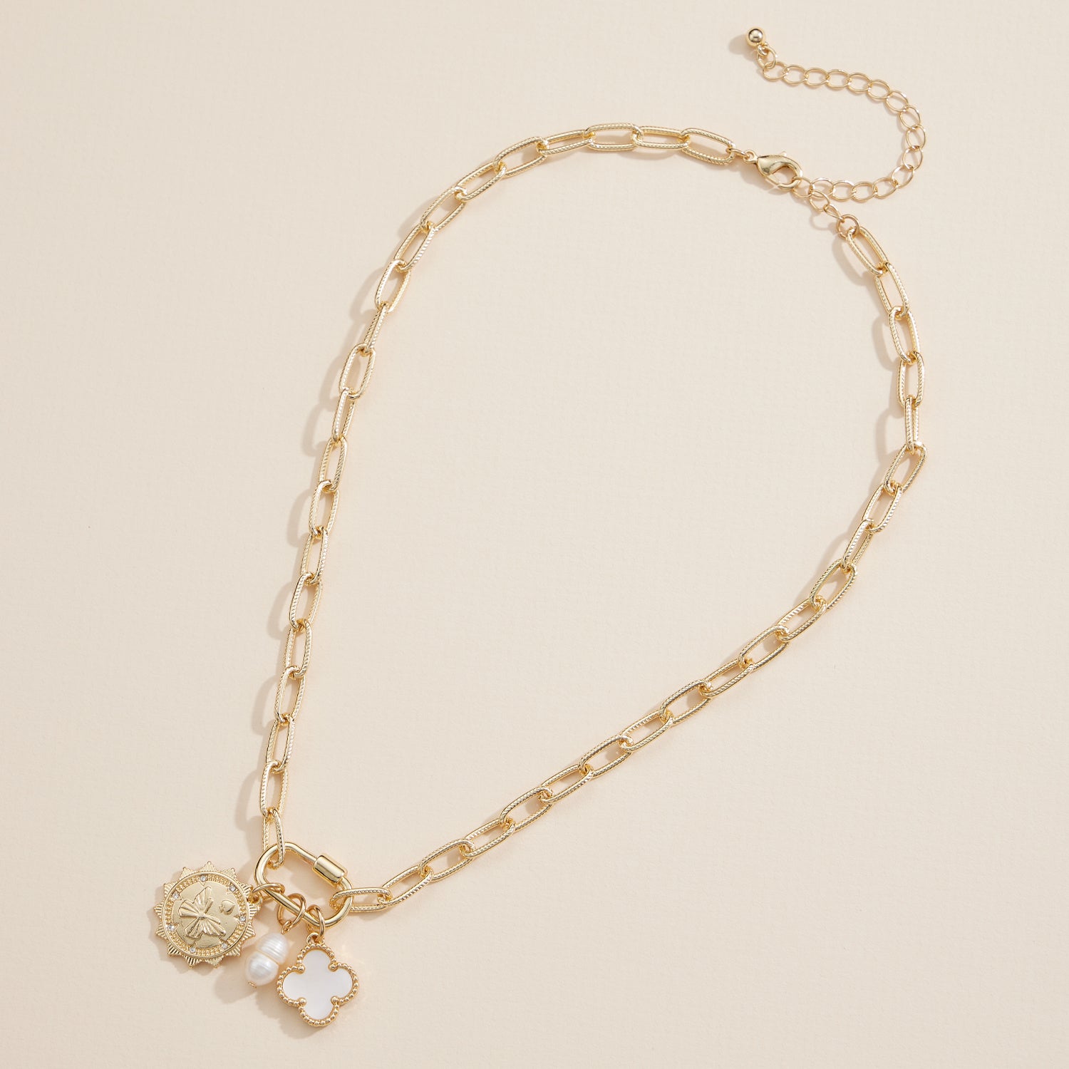 Chain Necklace with Butterfly, Pearl, and Clover Charms