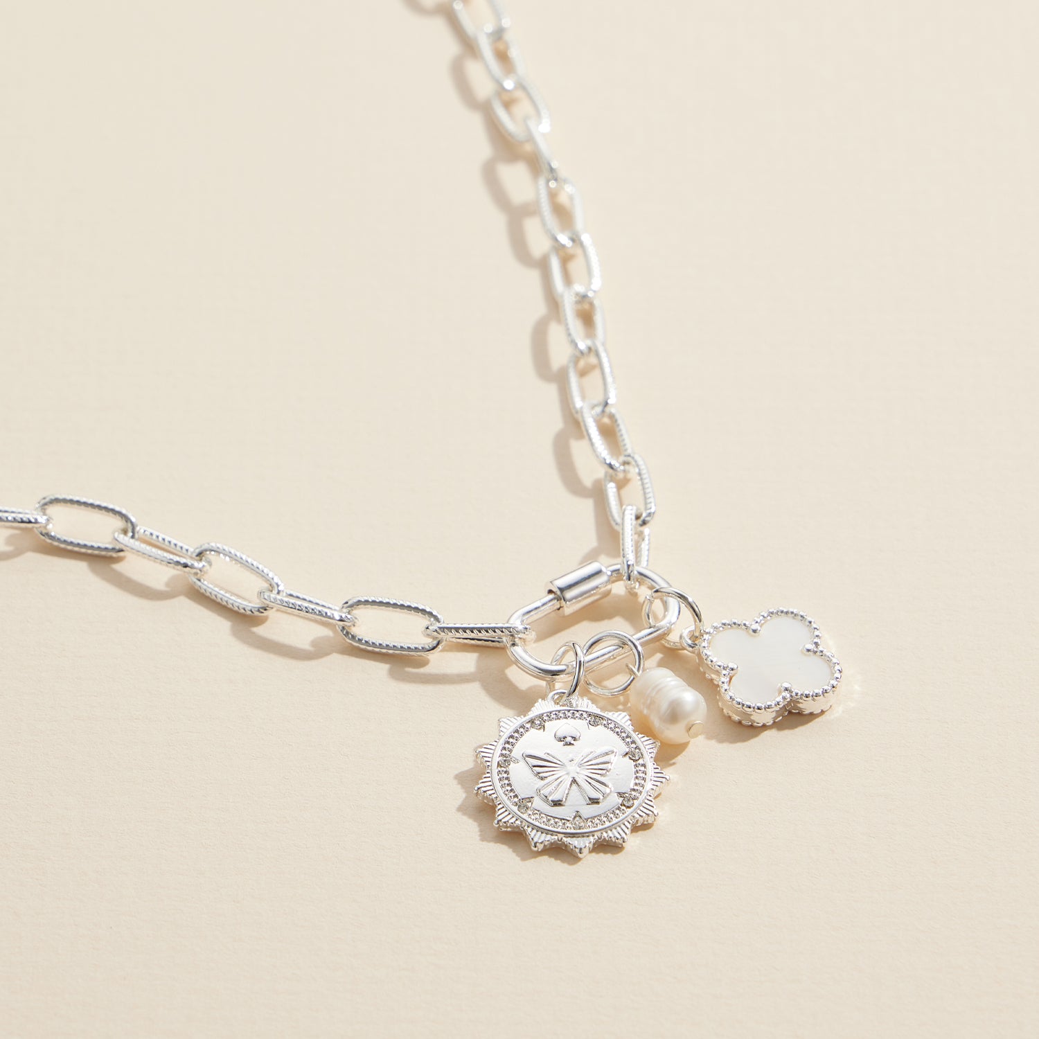 Chain Necklace with Butterfly, Pearl, and Clover Charms
