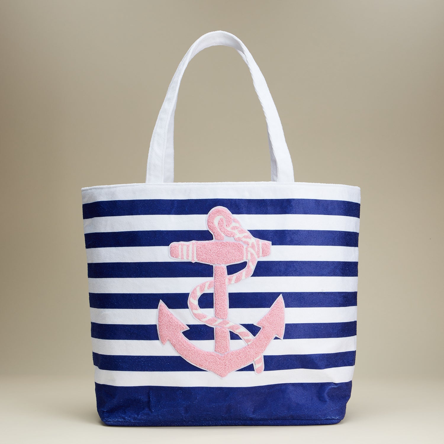 Terry Stripe Print and Anchor Patched Large Size Beach Tote
