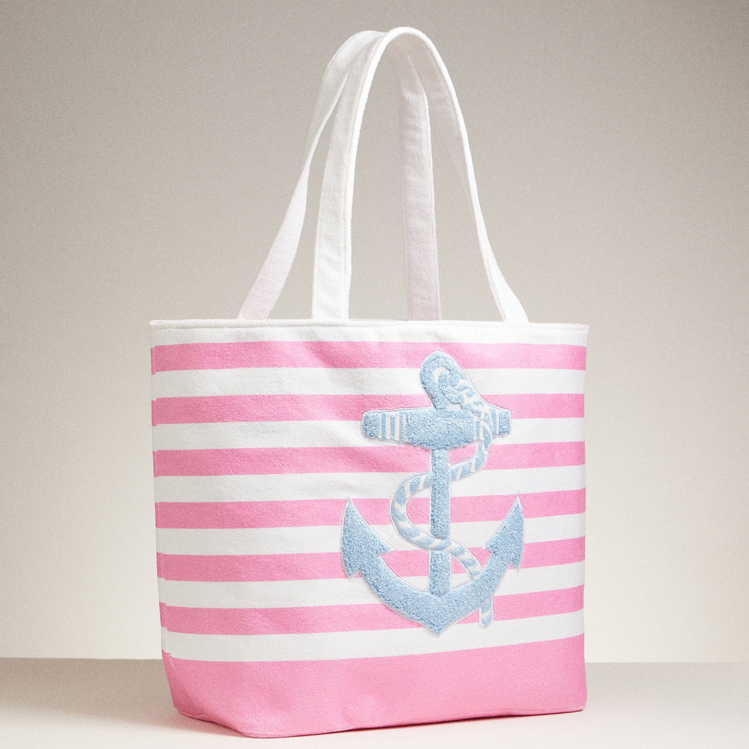Terry Stripe Print and Anchor Patched Large Size Beach Tote