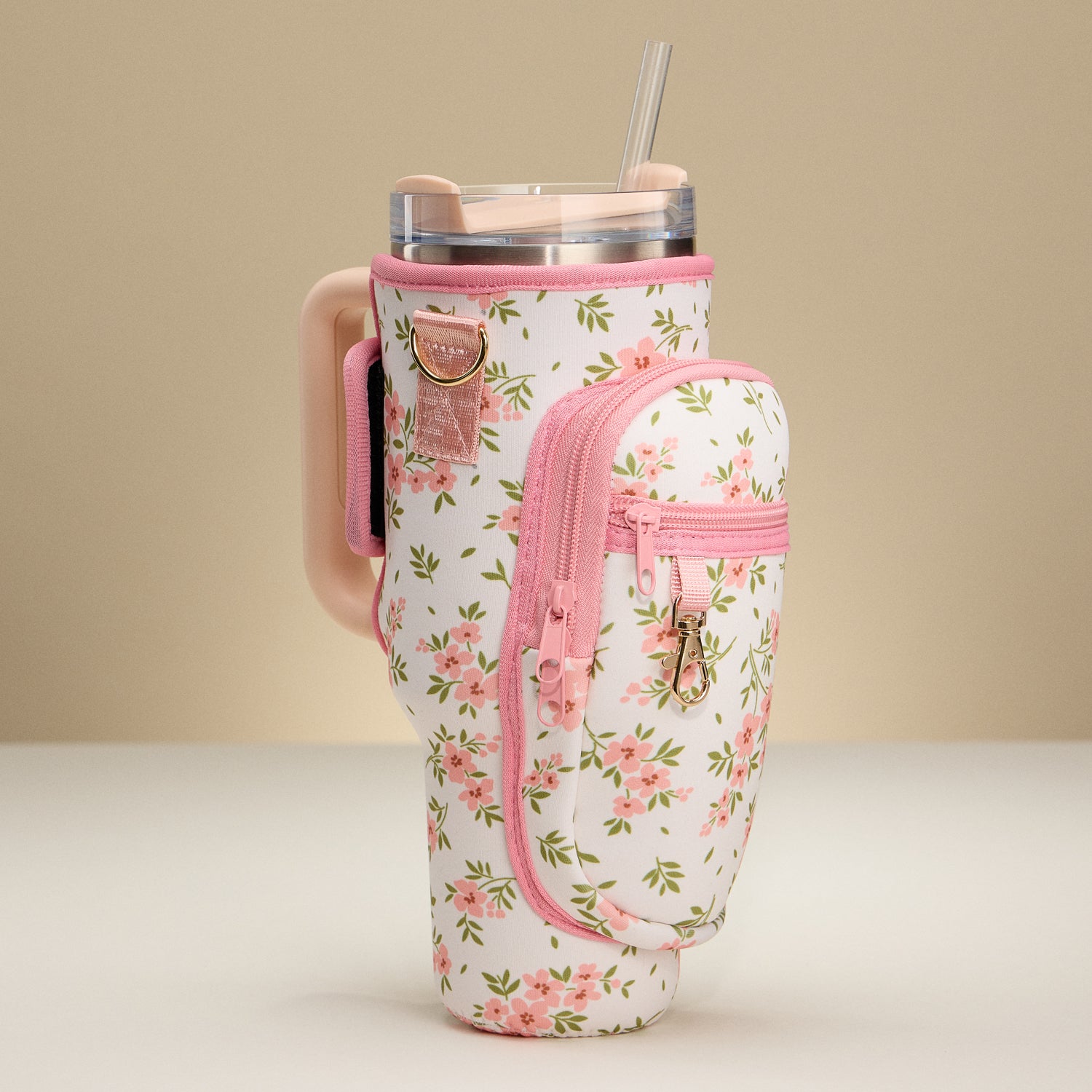 Elegant Pink Floral Neoprene Tumbler Carrier