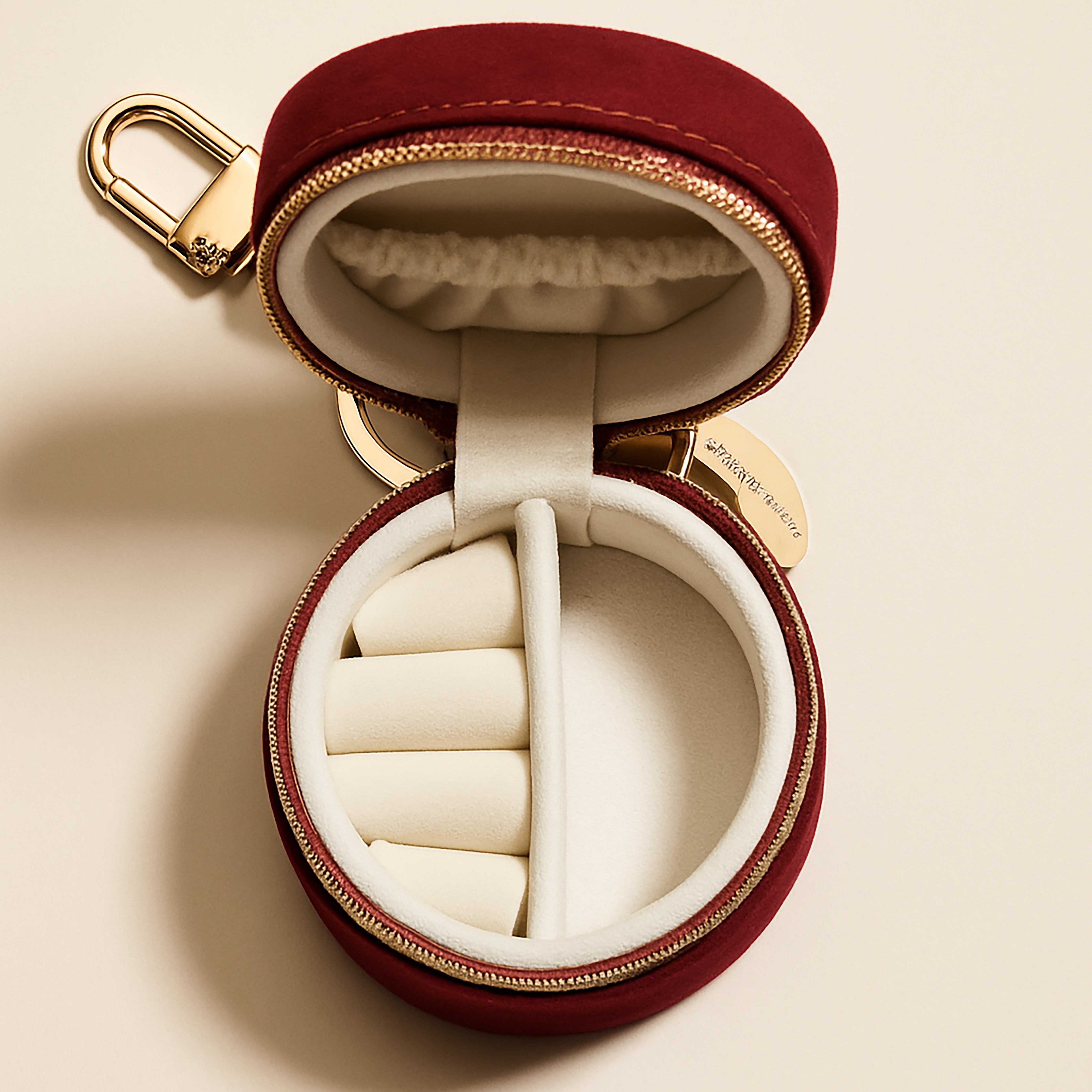 Mini Round Jewelry Travel Case with Keychain – Red Velvet "Happy" Design