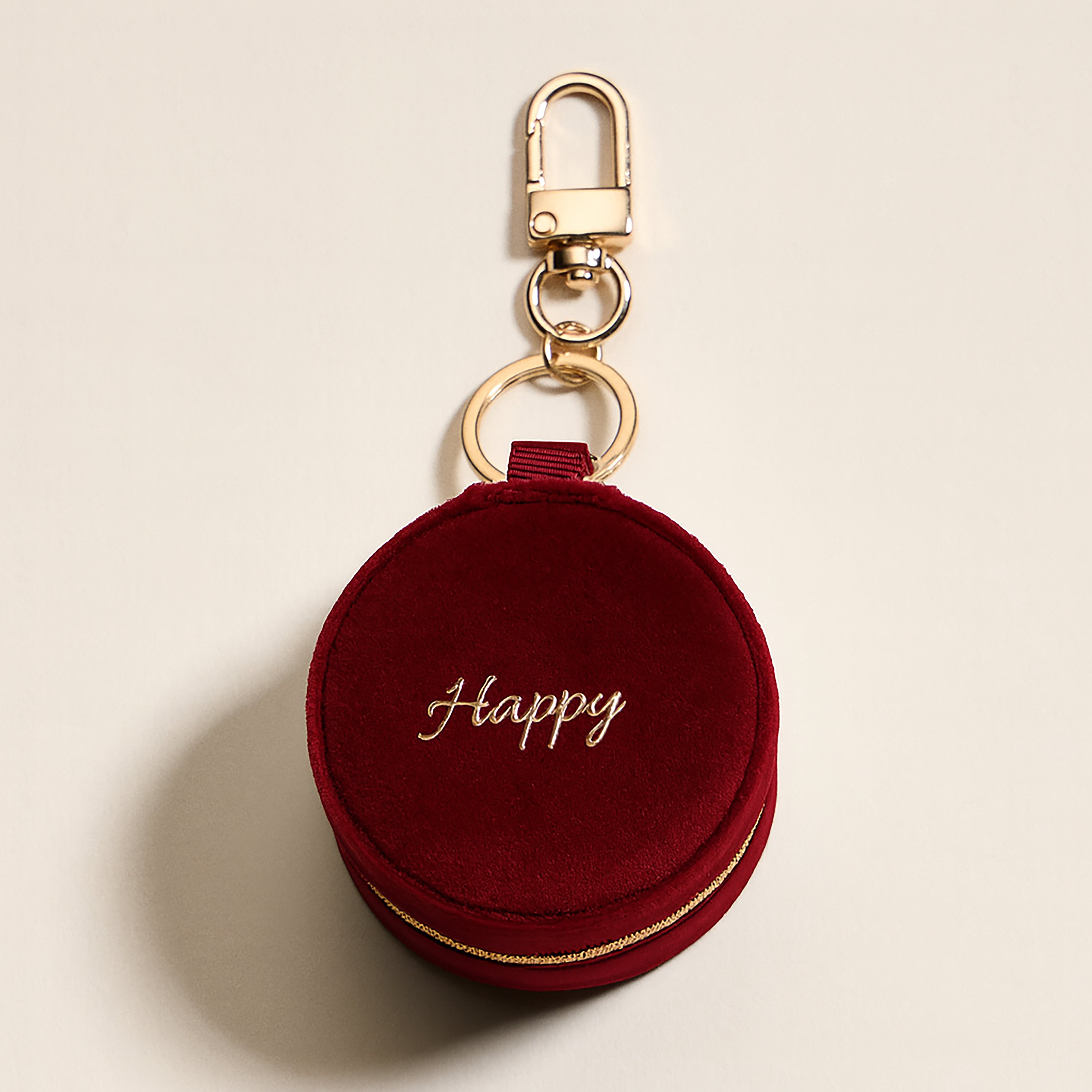 Mini Round Jewelry Travel Case with Keychain – Red Velvet "Happy" Design