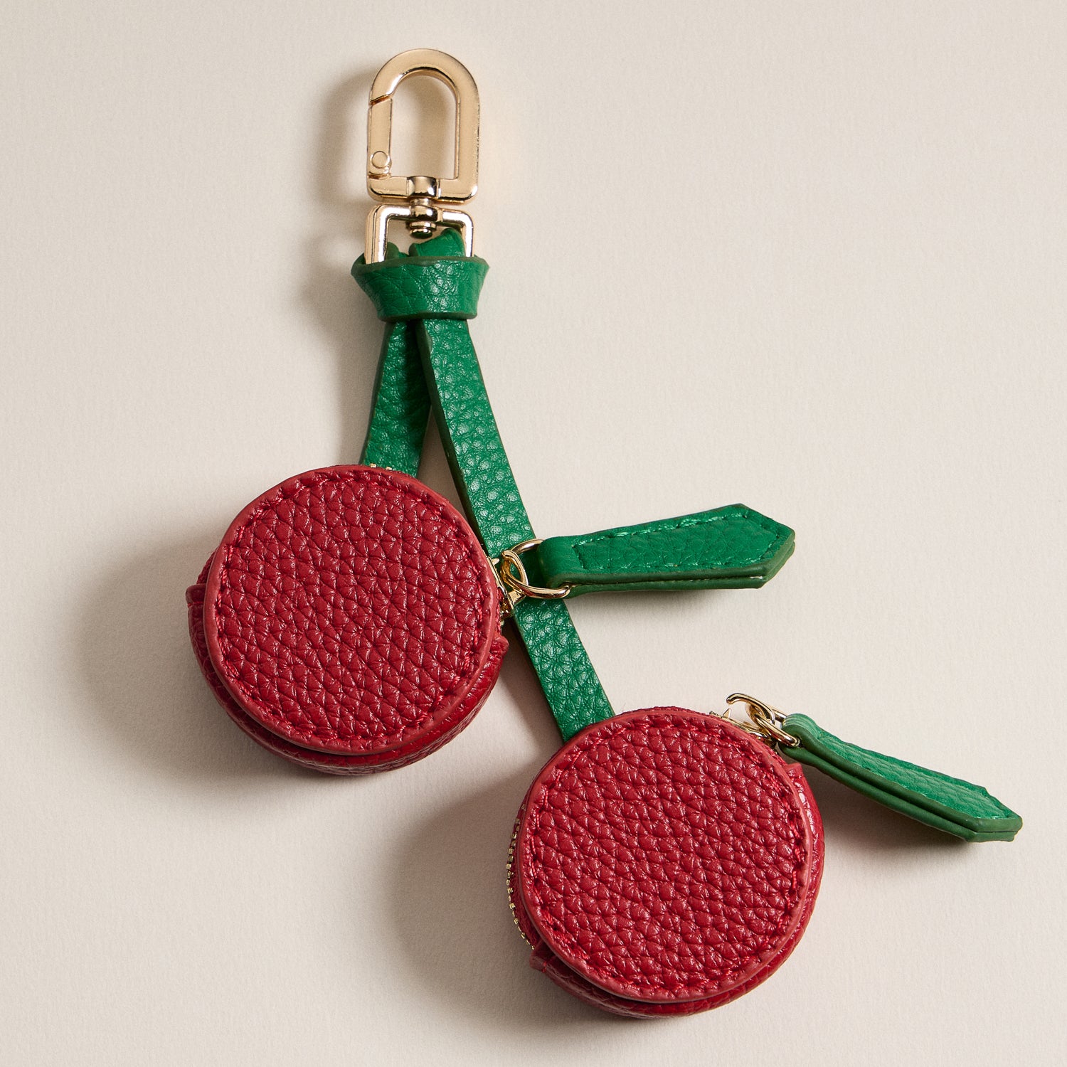 Cherry-Inspired Leather Charm with Dual Zippered Compartments