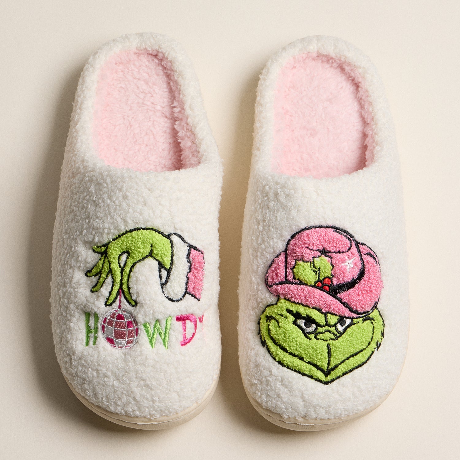 Plush Holiday Slippers with Playful Green Monster Embroidery