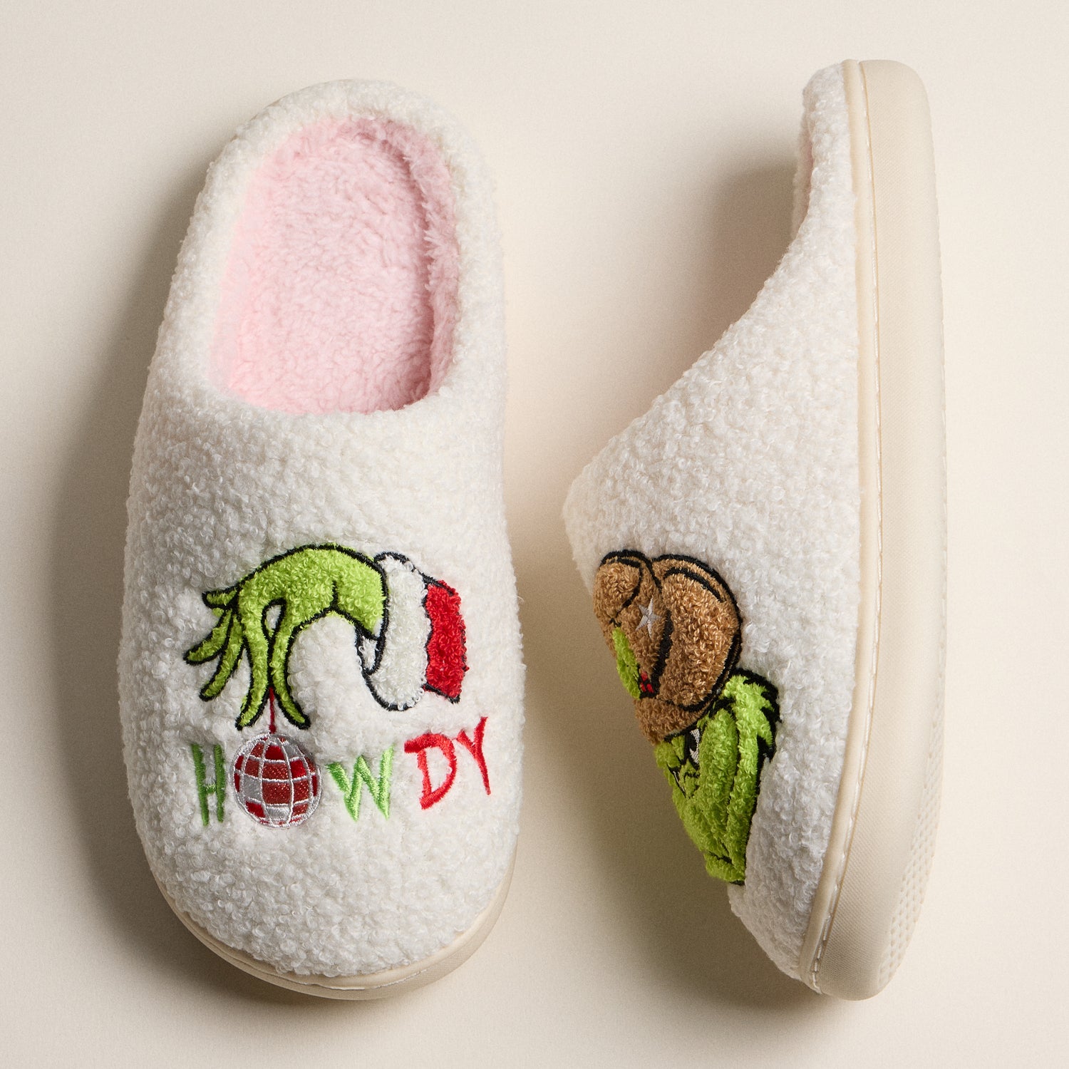 Plush Holiday Slippers with Playful Green Monster Embroidery