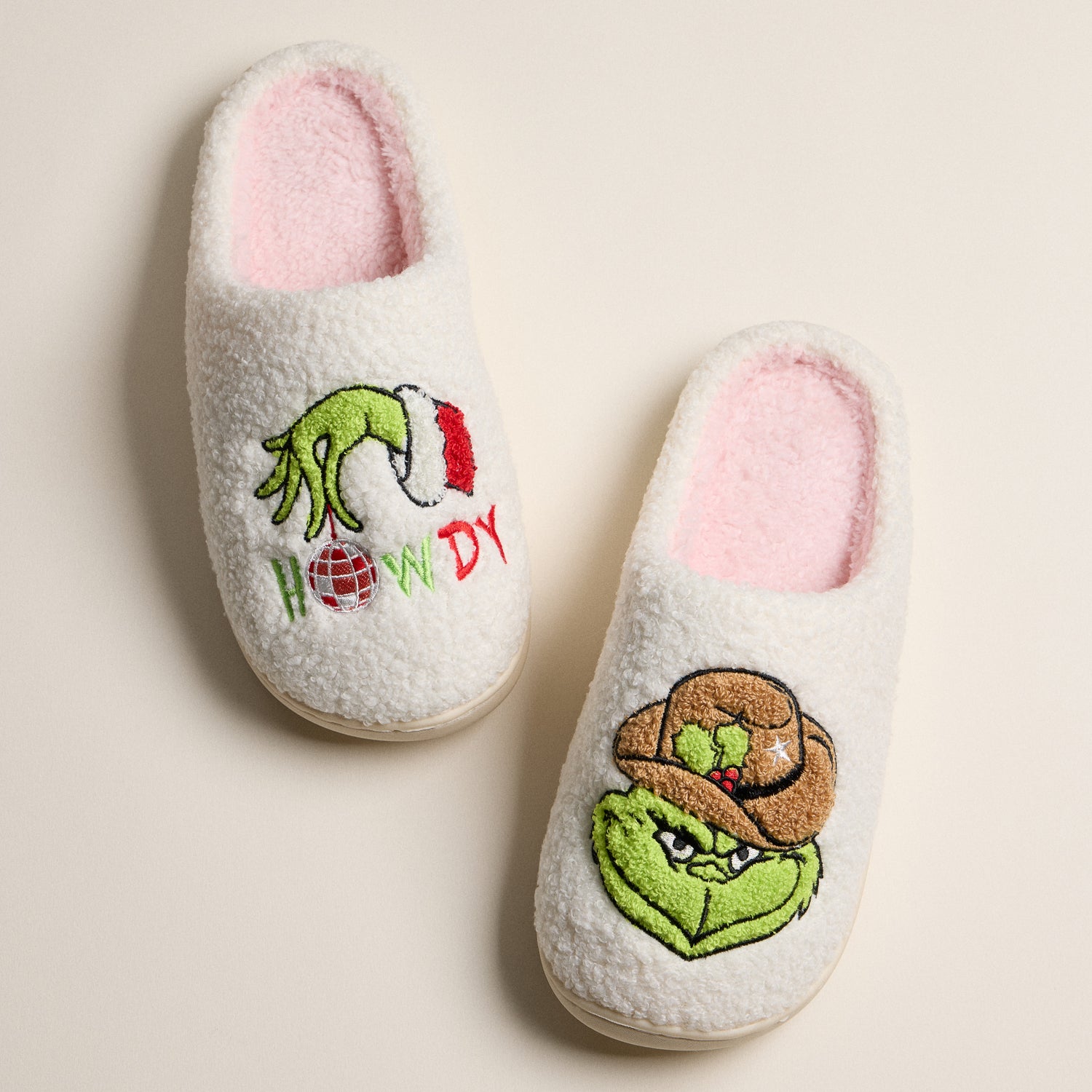 Plush Holiday Slippers with Playful Green Monster Embroidery
