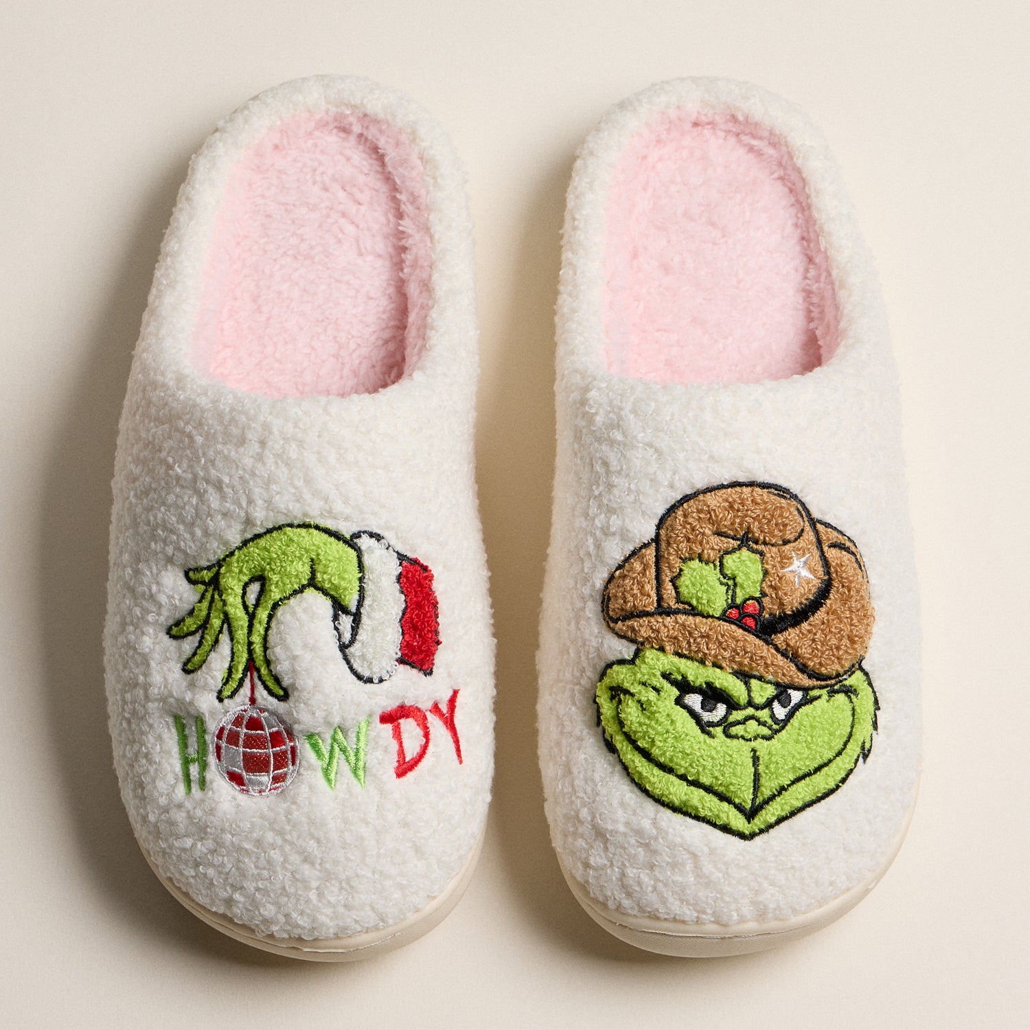 Plush Holiday Slippers with Playful Green Monster Embroidery