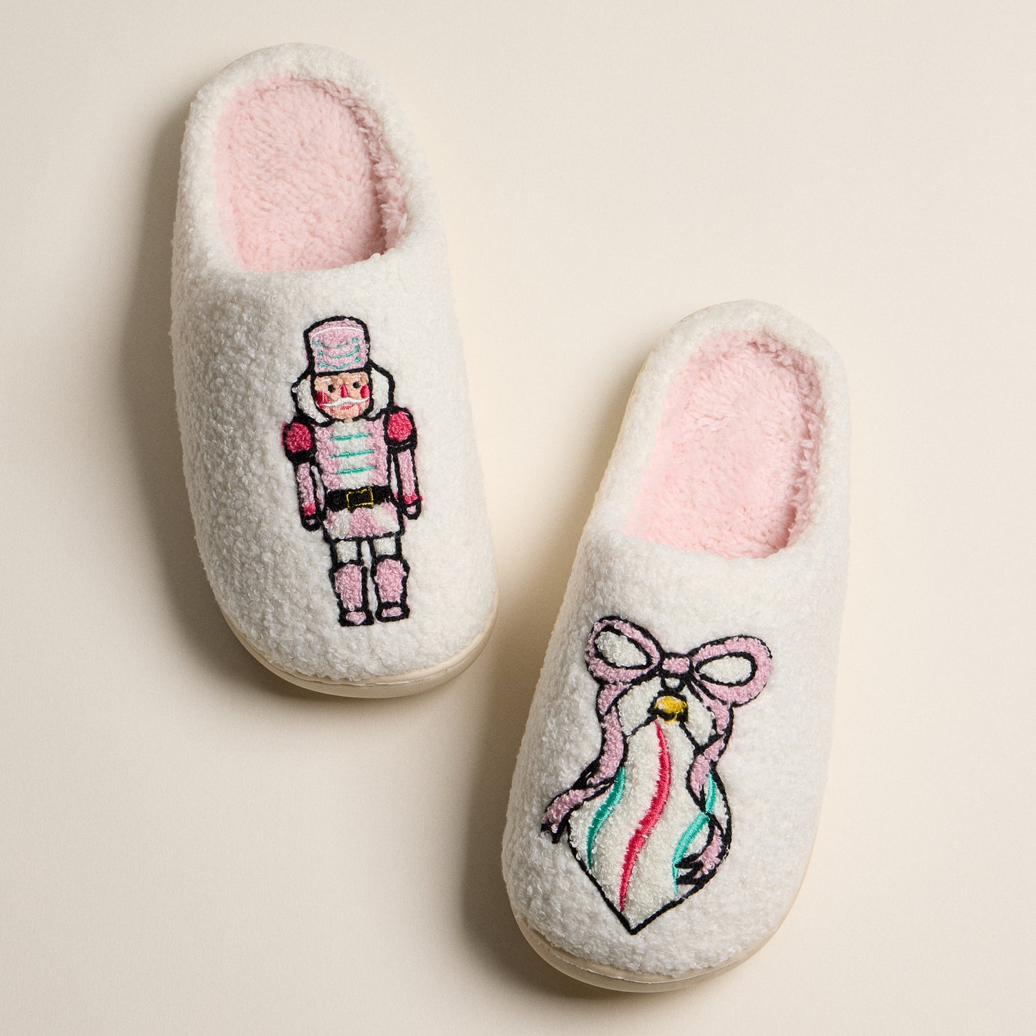 Plush Holiday Slippers Embroidered with Classic Nutcracker and Festive Ribbon Ornament