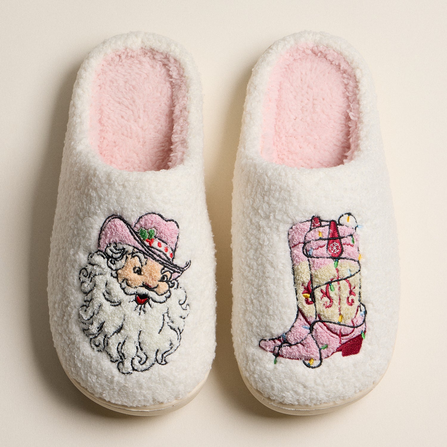 Plush Holiday Slippers with Embroidered Cowboy Santa and Classic Boot Motif