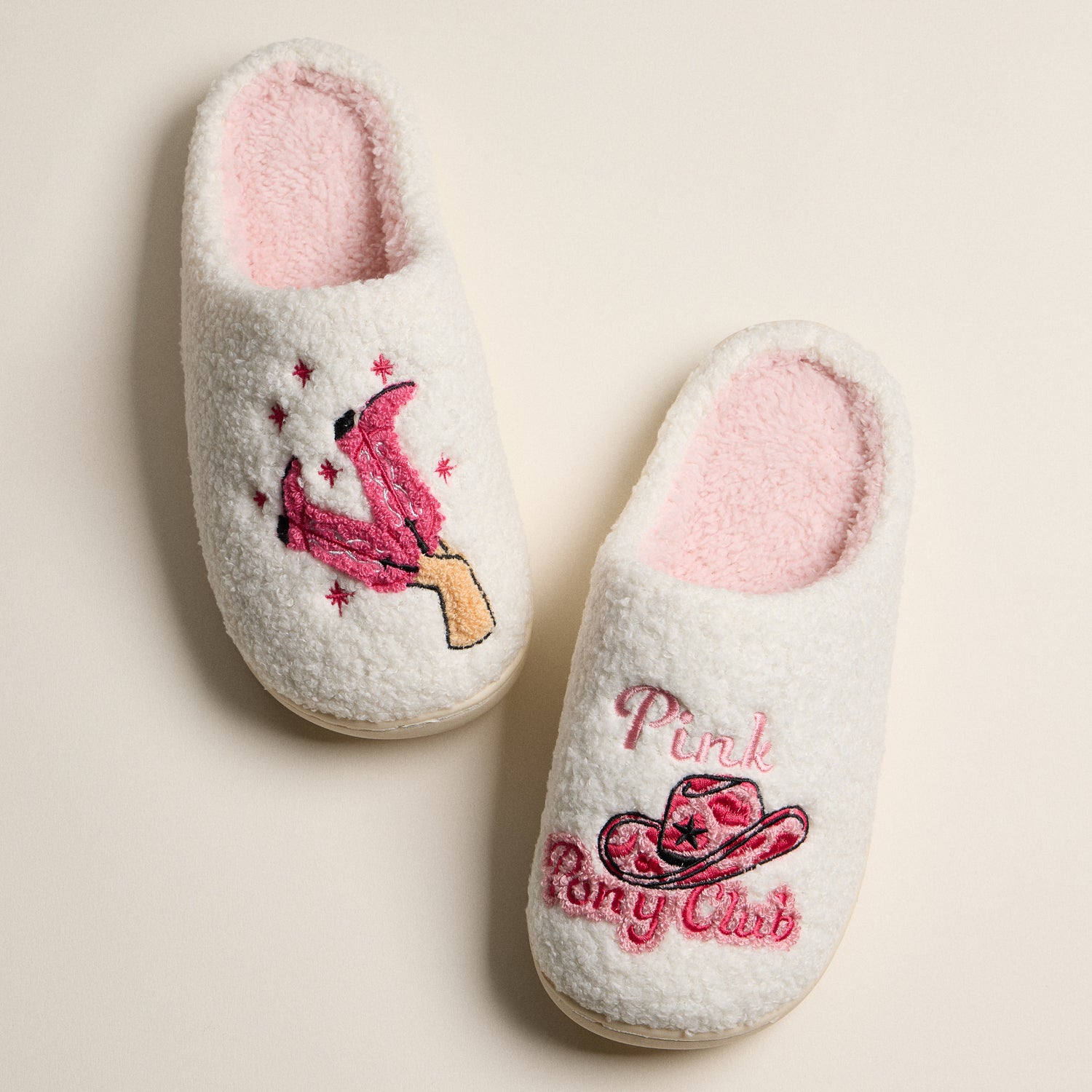 Soft Fleece Slippers with Delicate Pink Pony and Riding Boot Embroidery