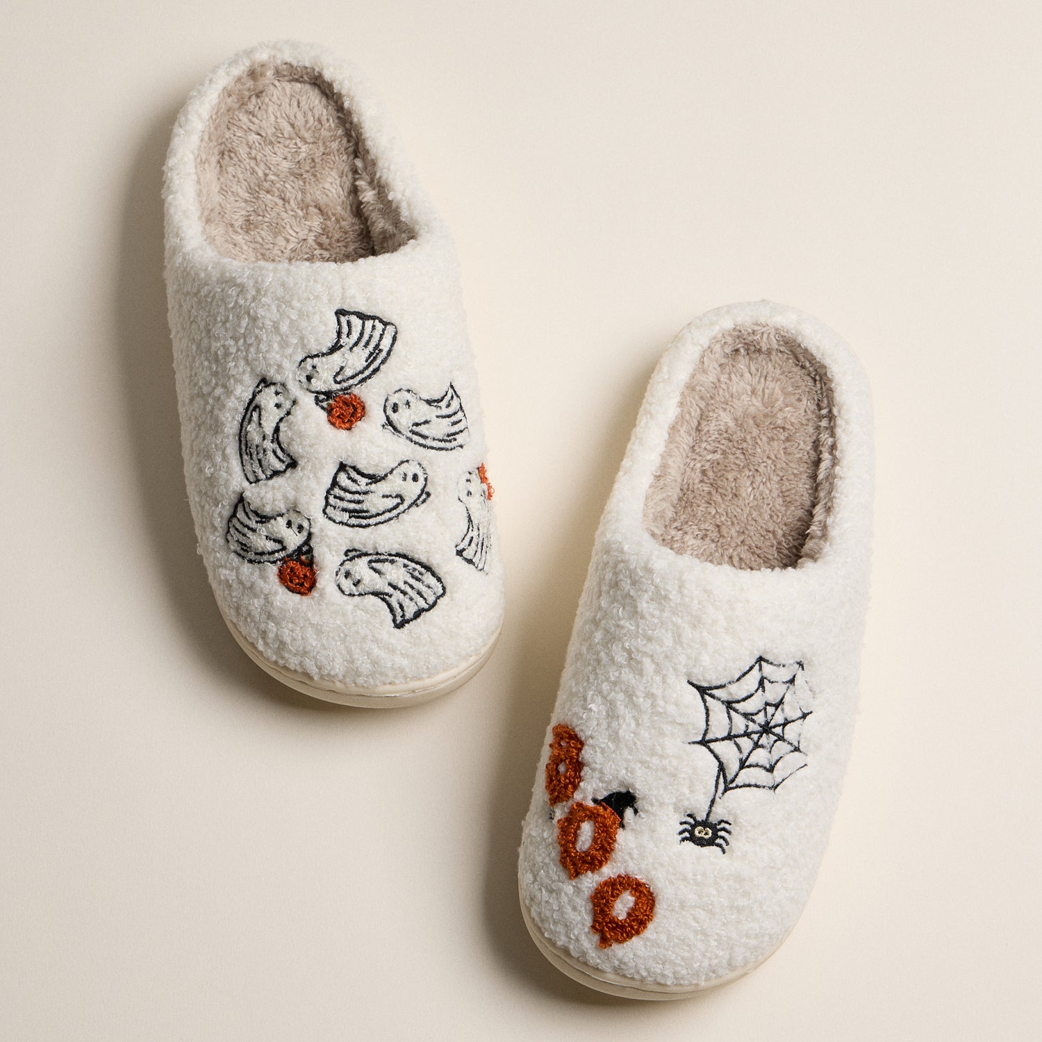 Plush Halloween Slippers with Delicate Ghost and Spiderweb Embroidery